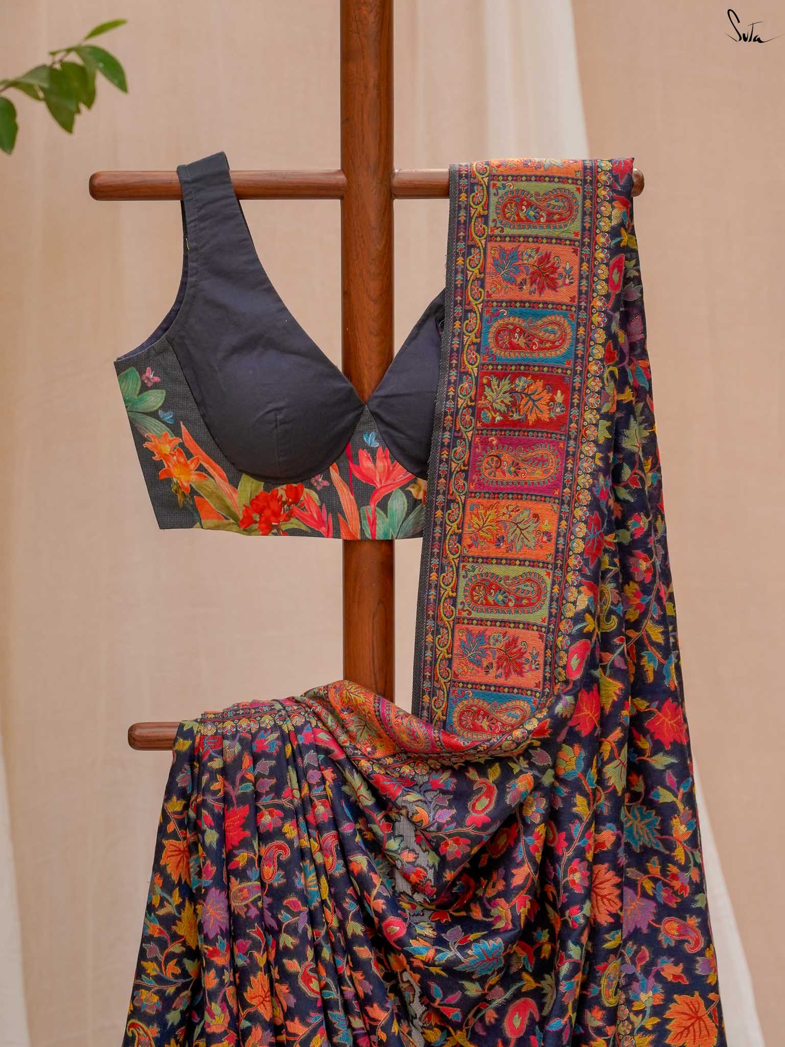 Apricot Pashm Multicolour Woolen Saree