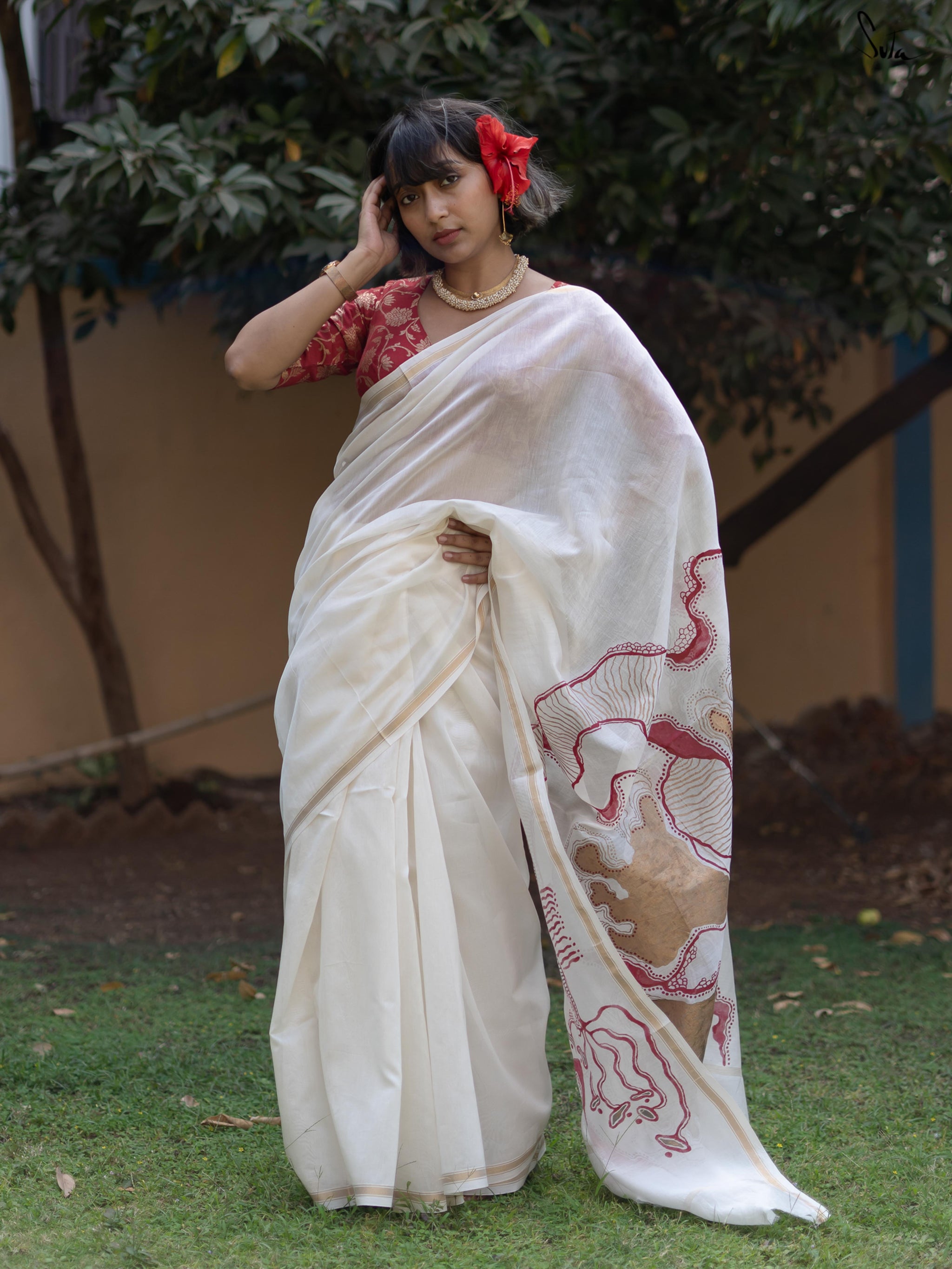 Artisanal Chanderi Silk Saree In White|Scarlet Hibiscus|Suta