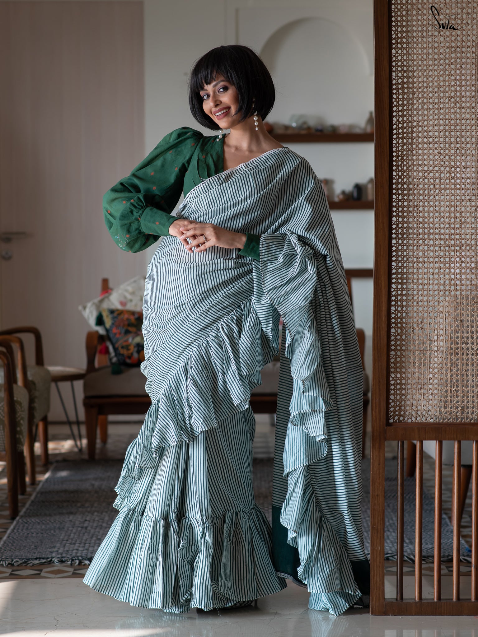 Cotton Light Green Ruffle Saree With Stripes, Krish Ananya
