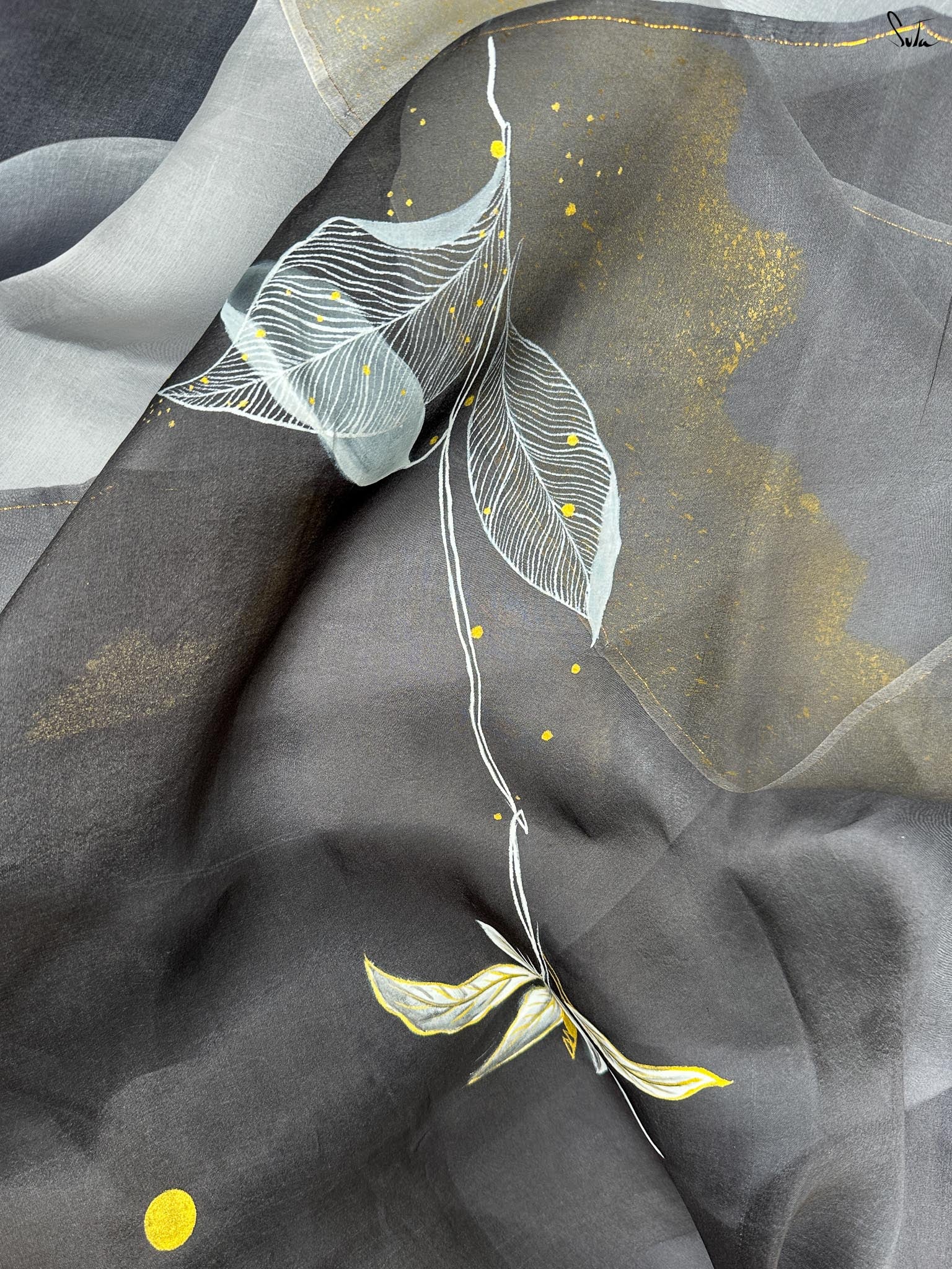 Lilies in Shadow (Hand Painted Pure Organza Saree)