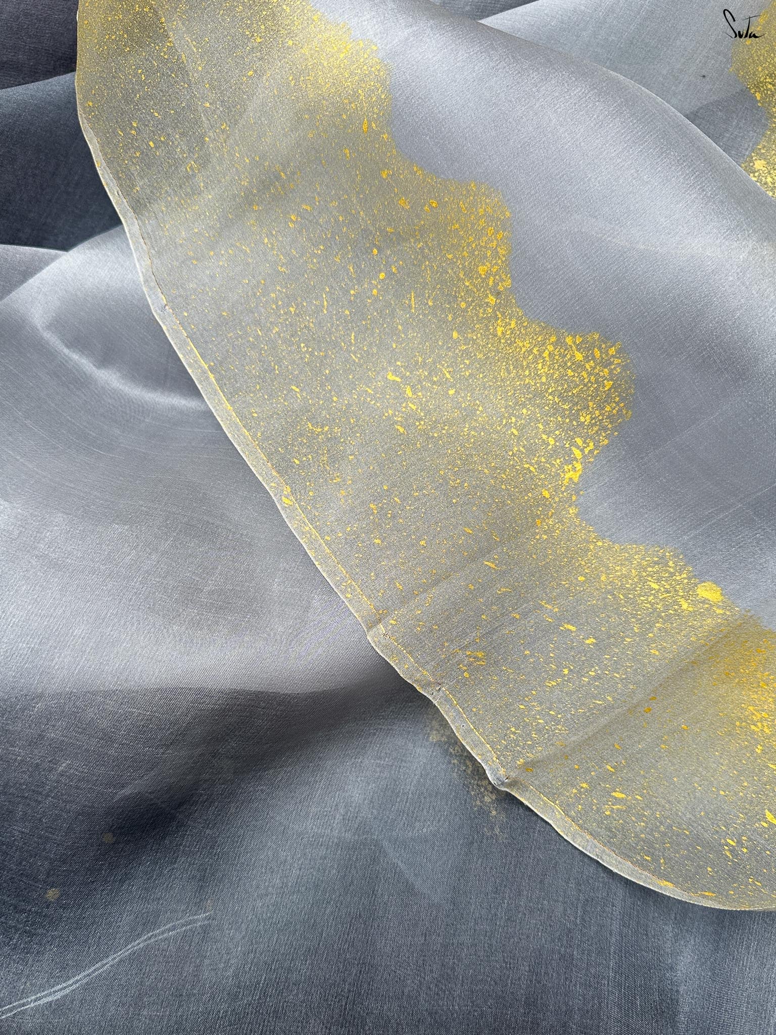 Lilies in Shadow (Hand Painted Pure Organza Saree)