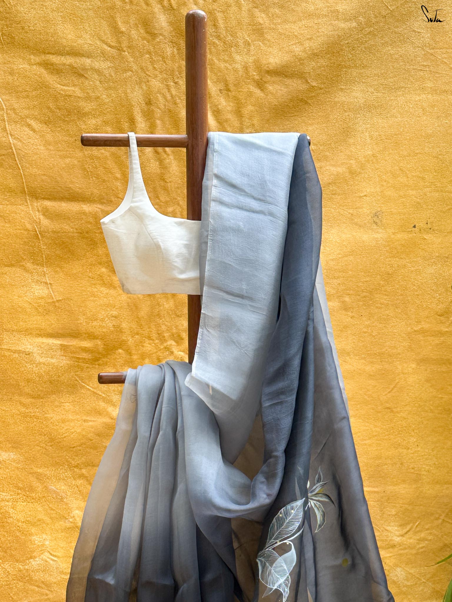 Lilies in Shadow (Hand Painted Pure Organza Saree)