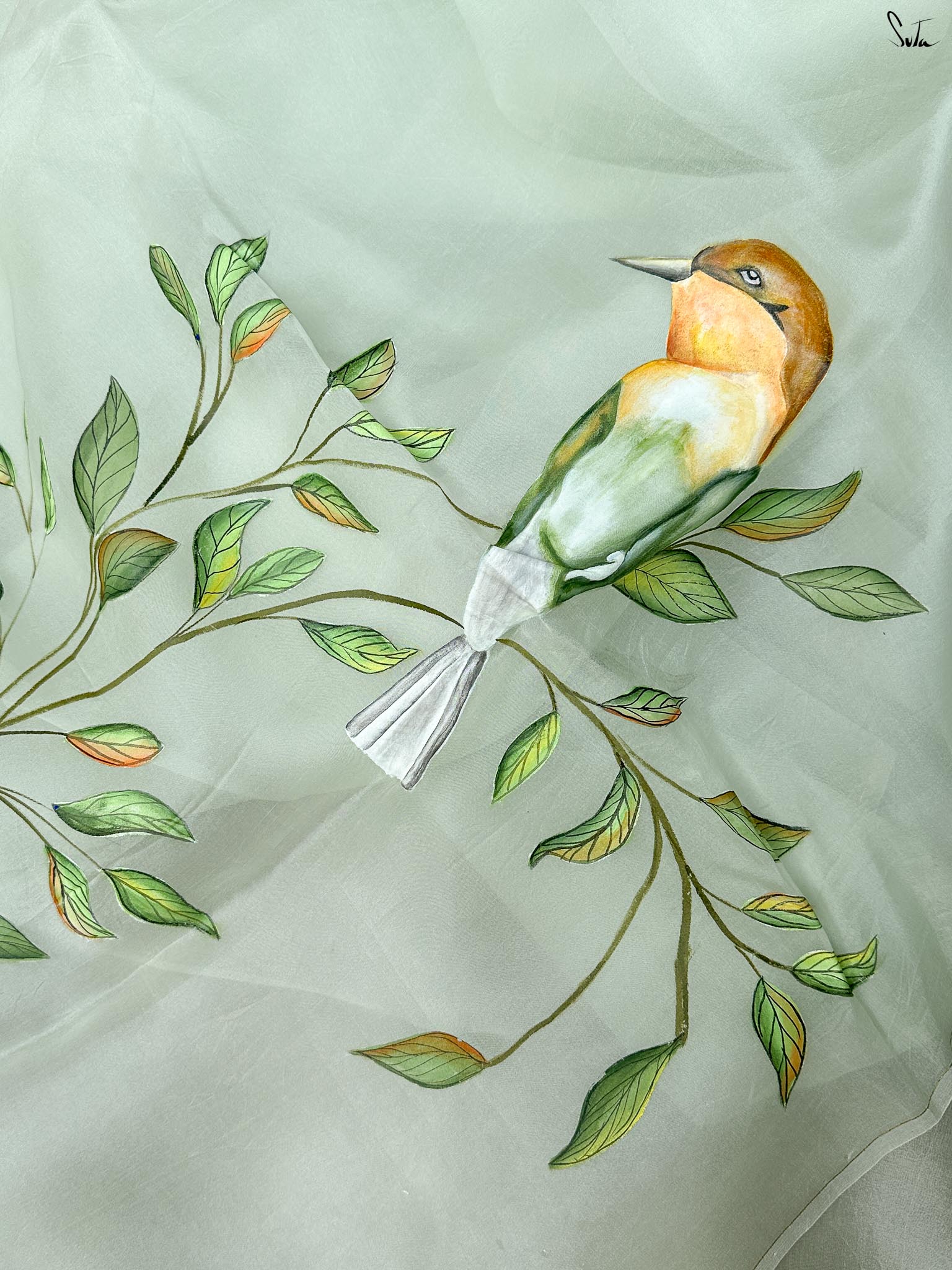 Mint Veil (Hand Painted Pure Organza Saree)