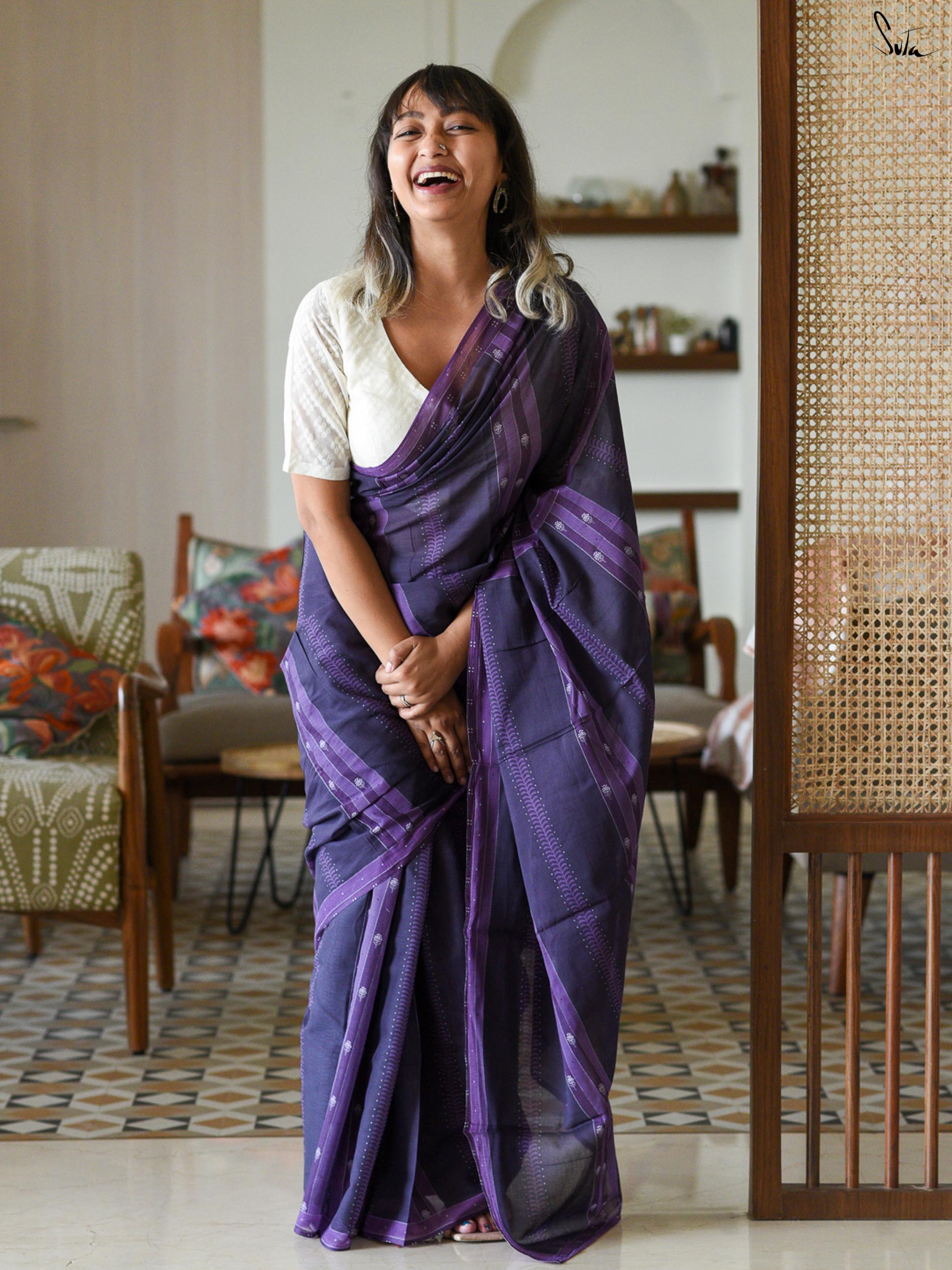 Purple & Blue Soft Muslin Striped Saree main image 1
