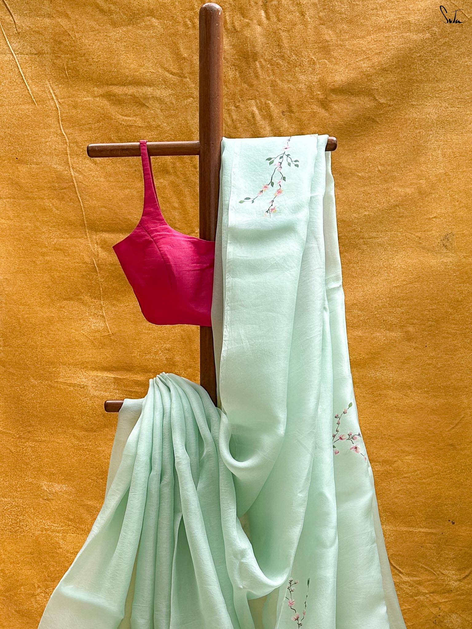 Rosy Mint Whisper (Hand Painted Pure Organza Saree)