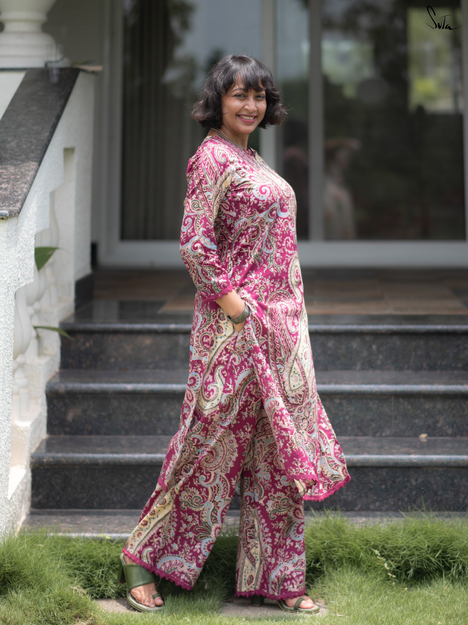 Suta Wine Cotton Kurta Set