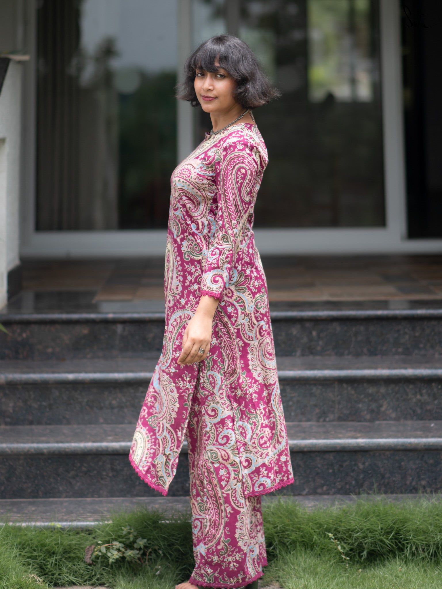 Suta Wine Cotton Kurta Set