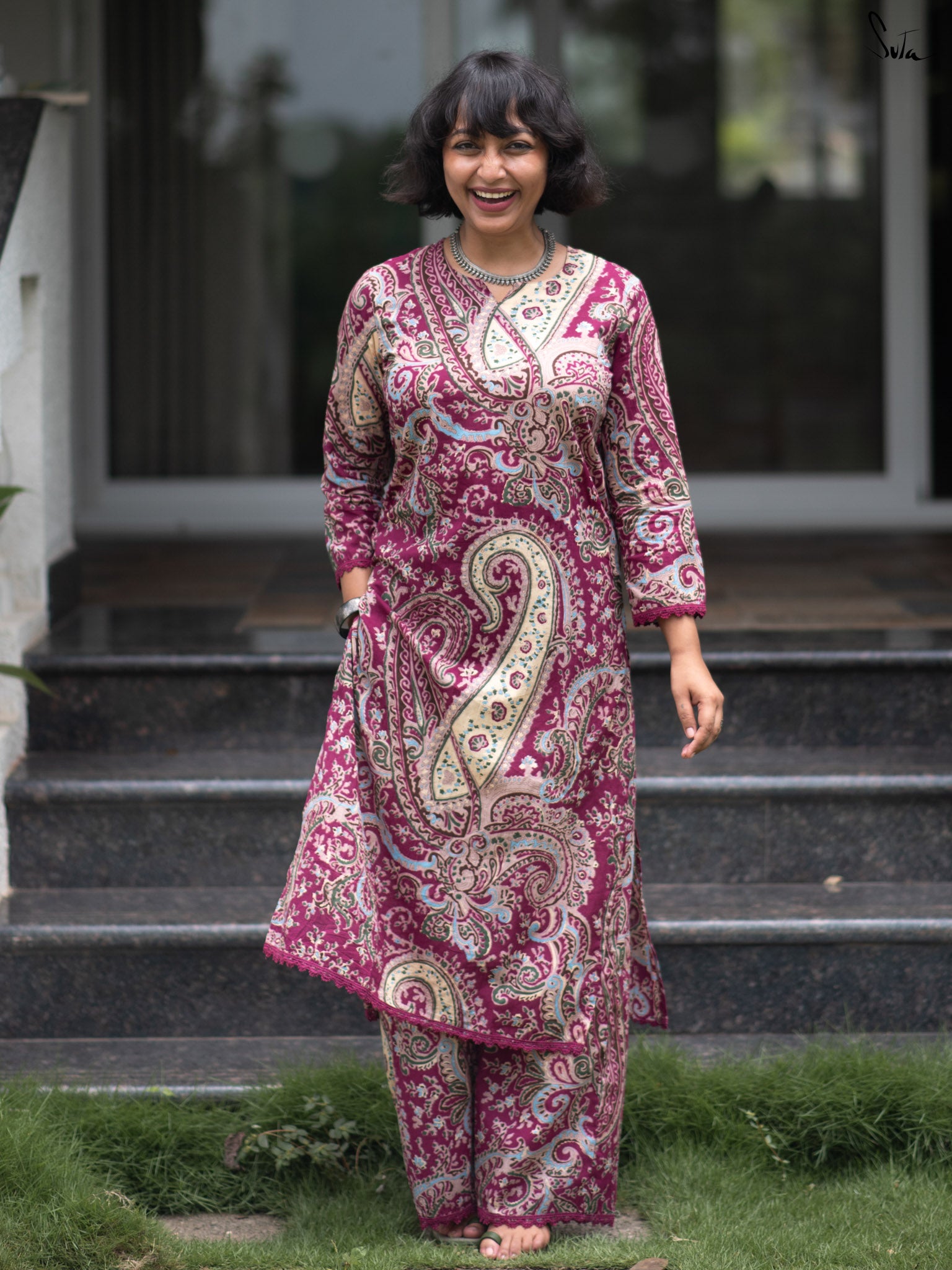 Suta Wine Cotton Kurta Set