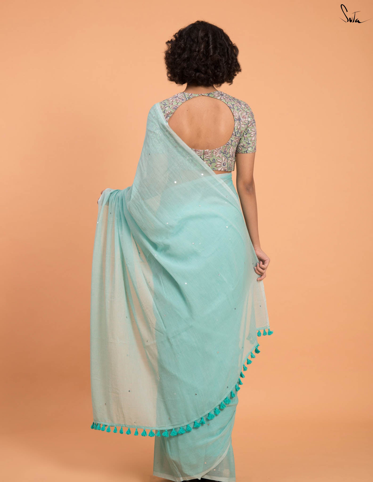 Suta Ice Green Embellished Sequinned Pure Cotton Saree