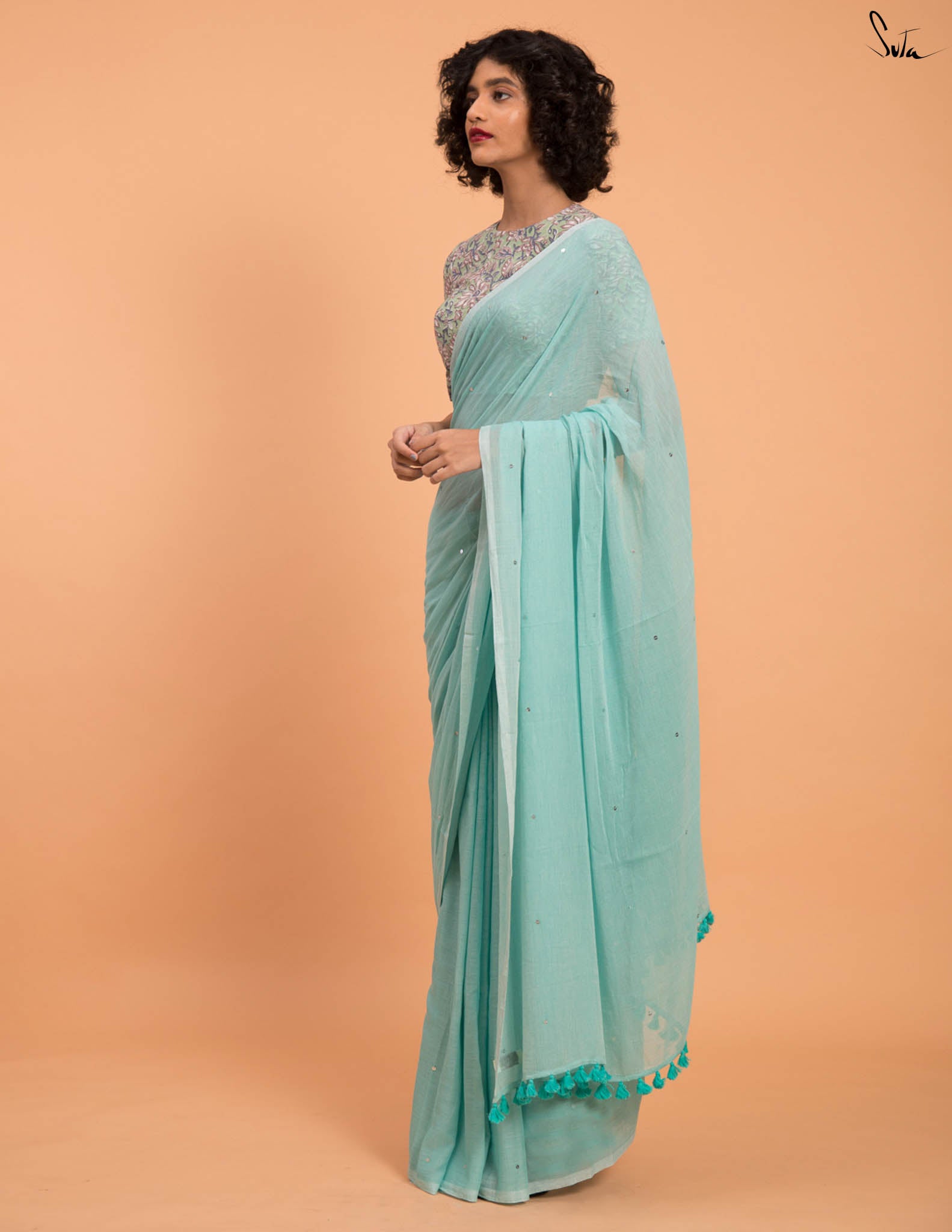 Suta Ice Green Embellished Sequinned Pure Cotton Saree