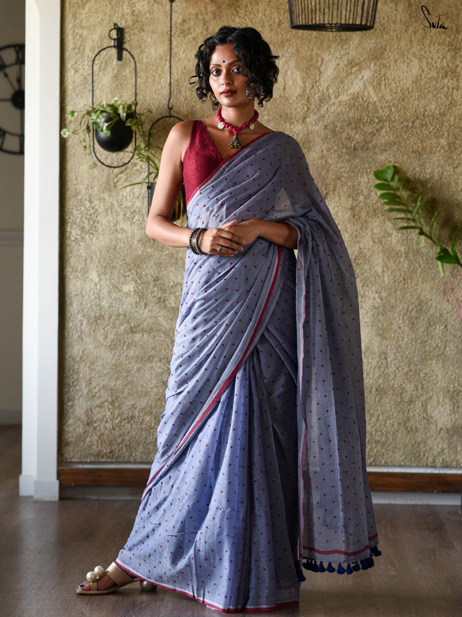 Suta Lavender & Red Polka Dot Printed Pure Cotton Saree