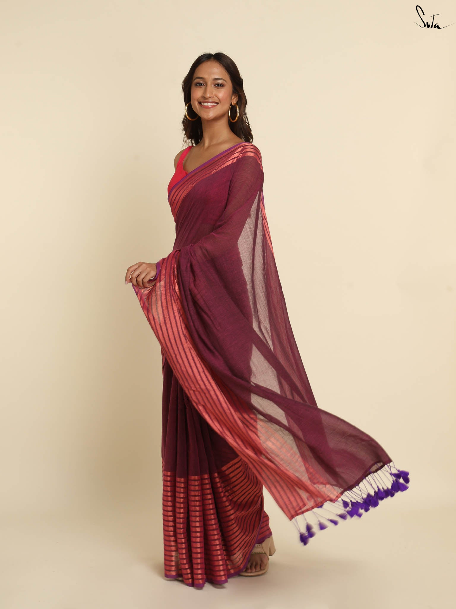 Suta Magenta Striped Zari Saree