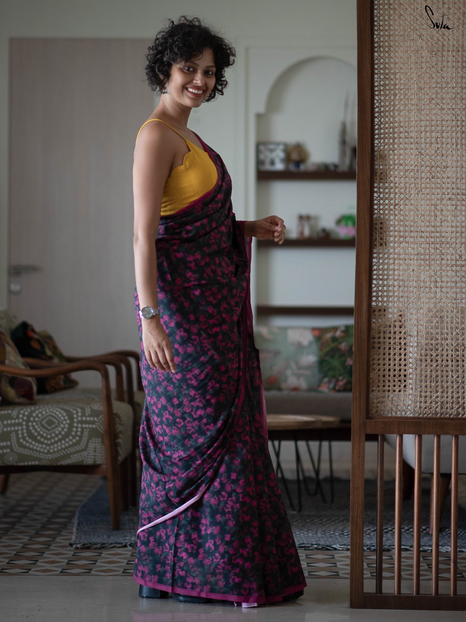 Suta Pink & Green Floral Printed Saree