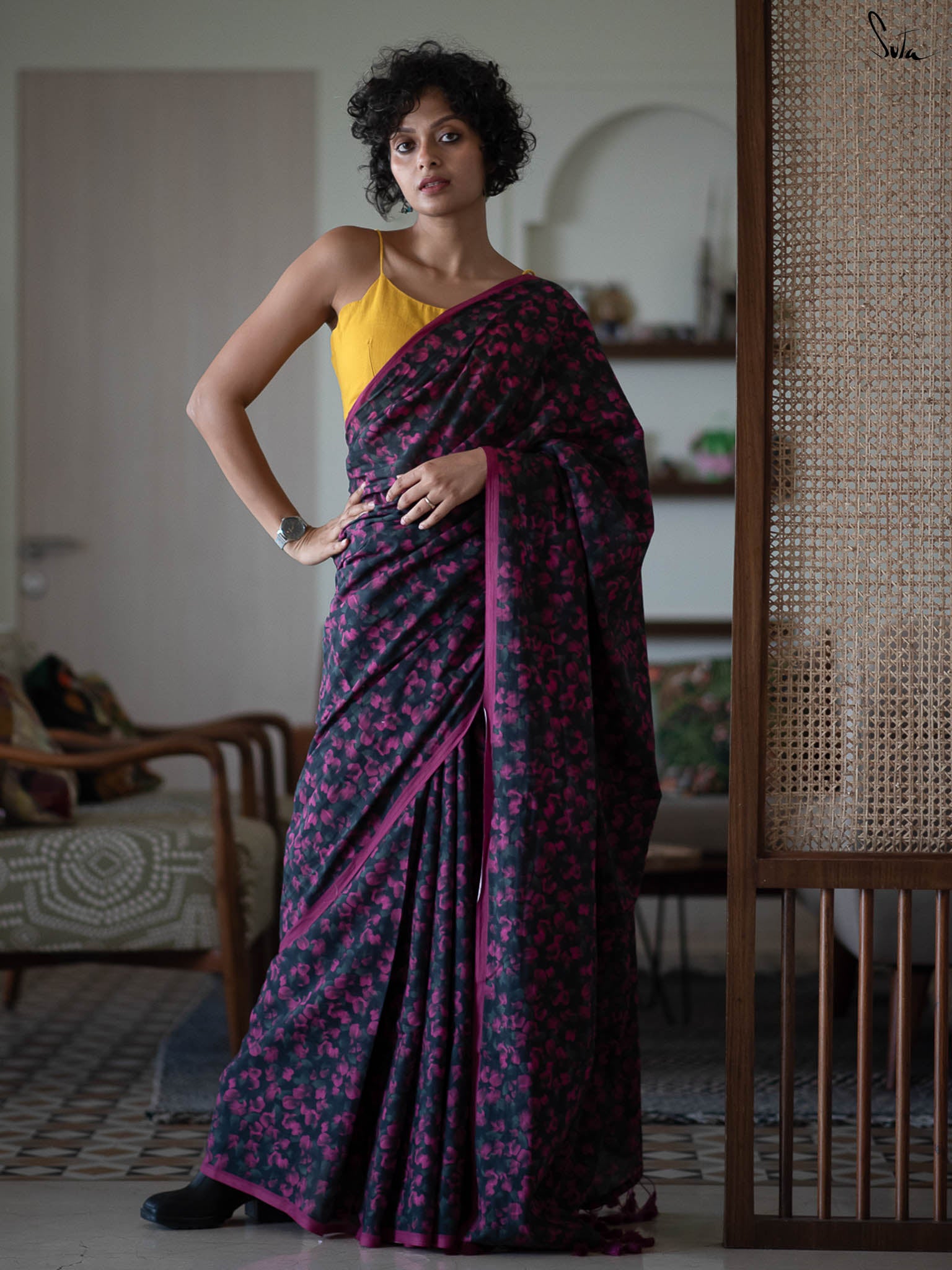 Suta Pink & Green Floral Printed Saree