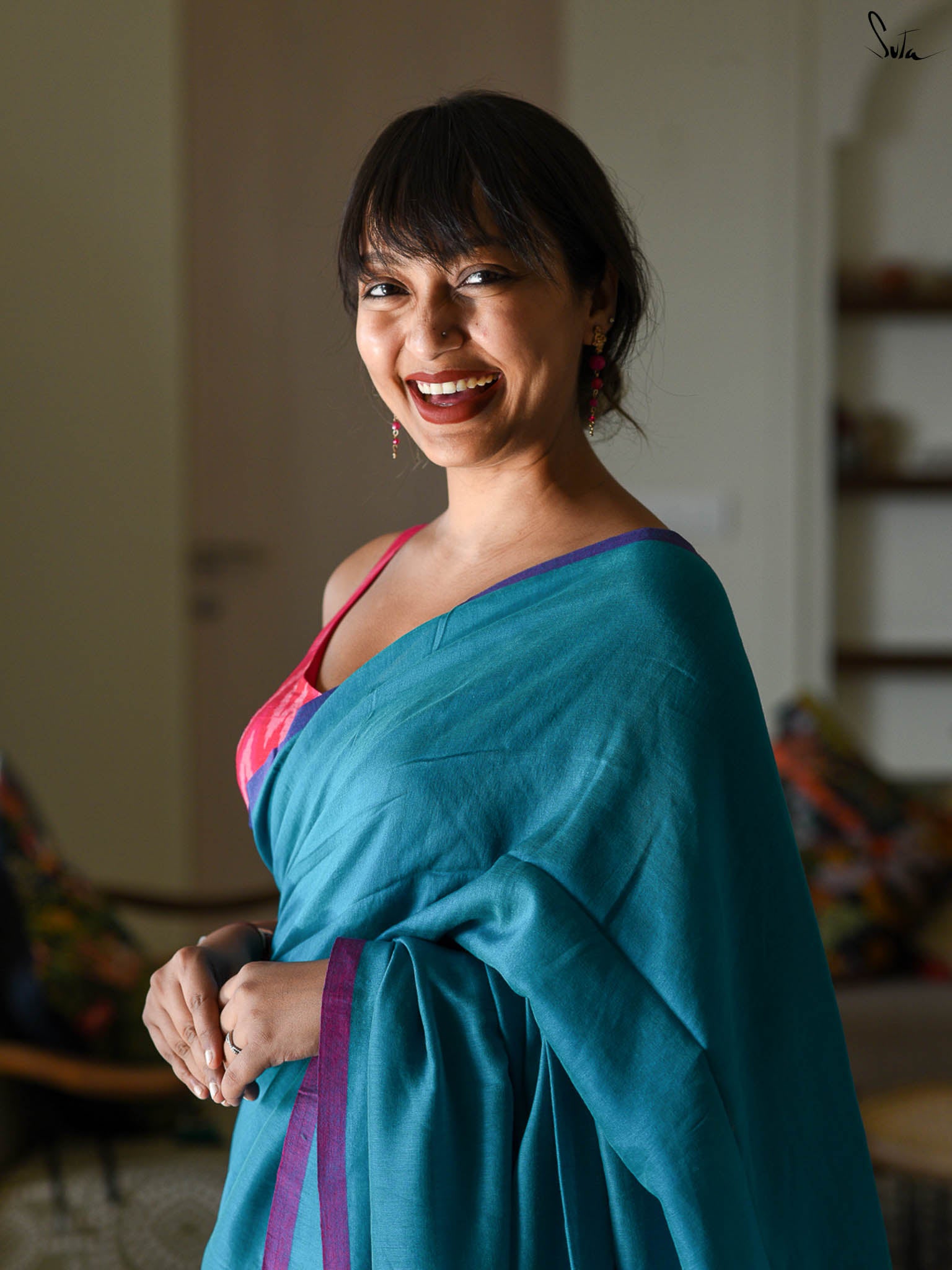 Suta Blue & Pink Saree With Tassels