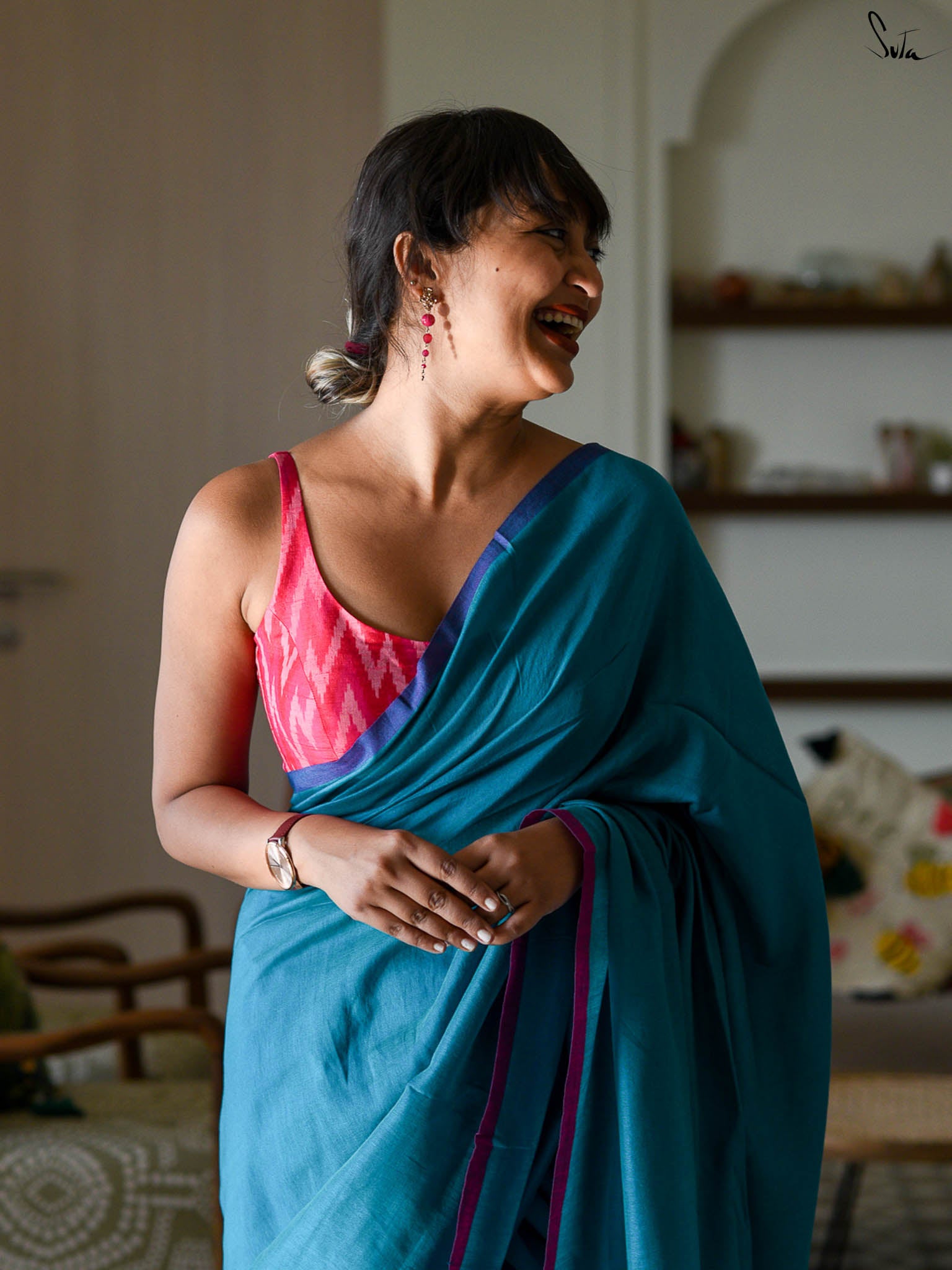 Suta Blue & Pink Saree With Tassels