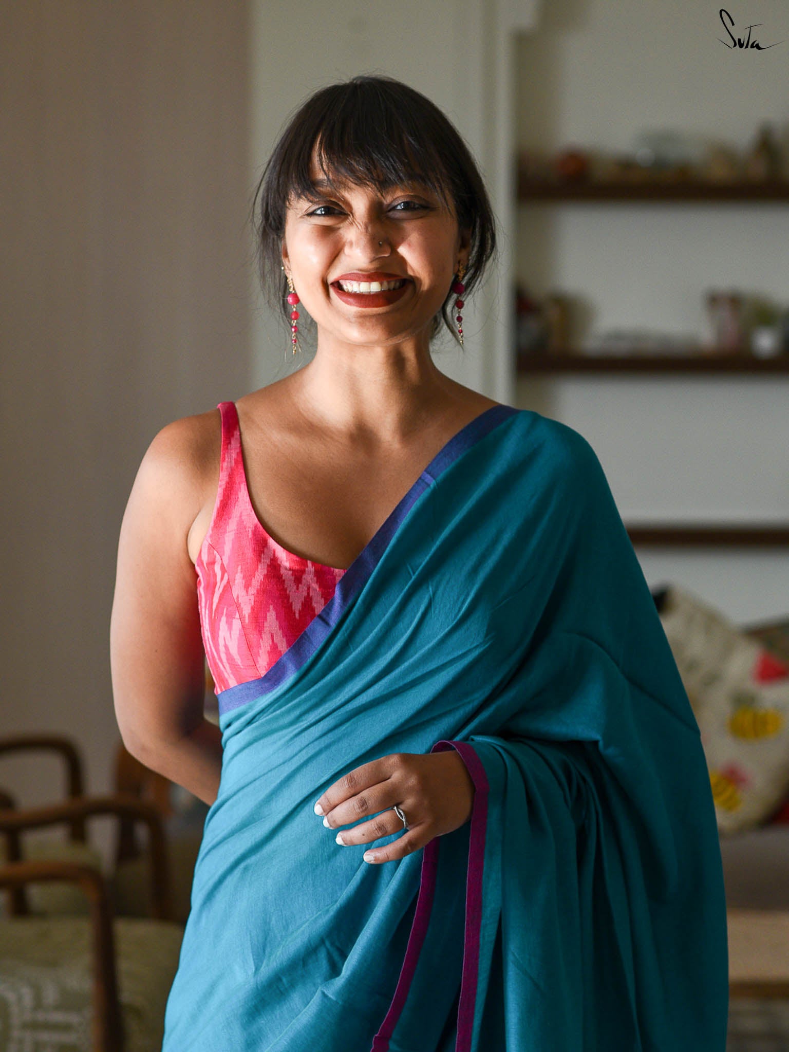 Suta Blue & Pink Saree With Tassels