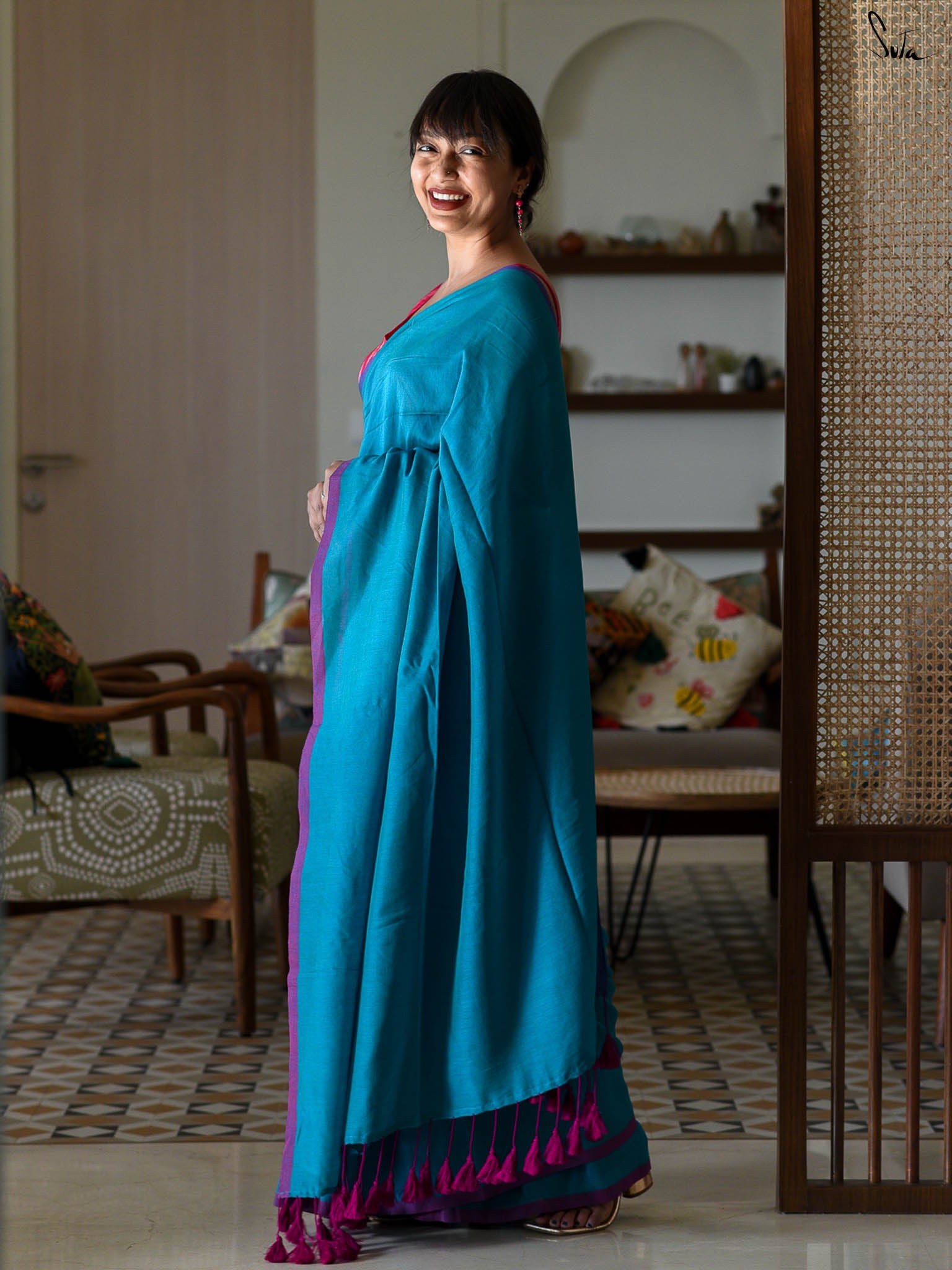 Suta Blue & Pink Saree With Tassels