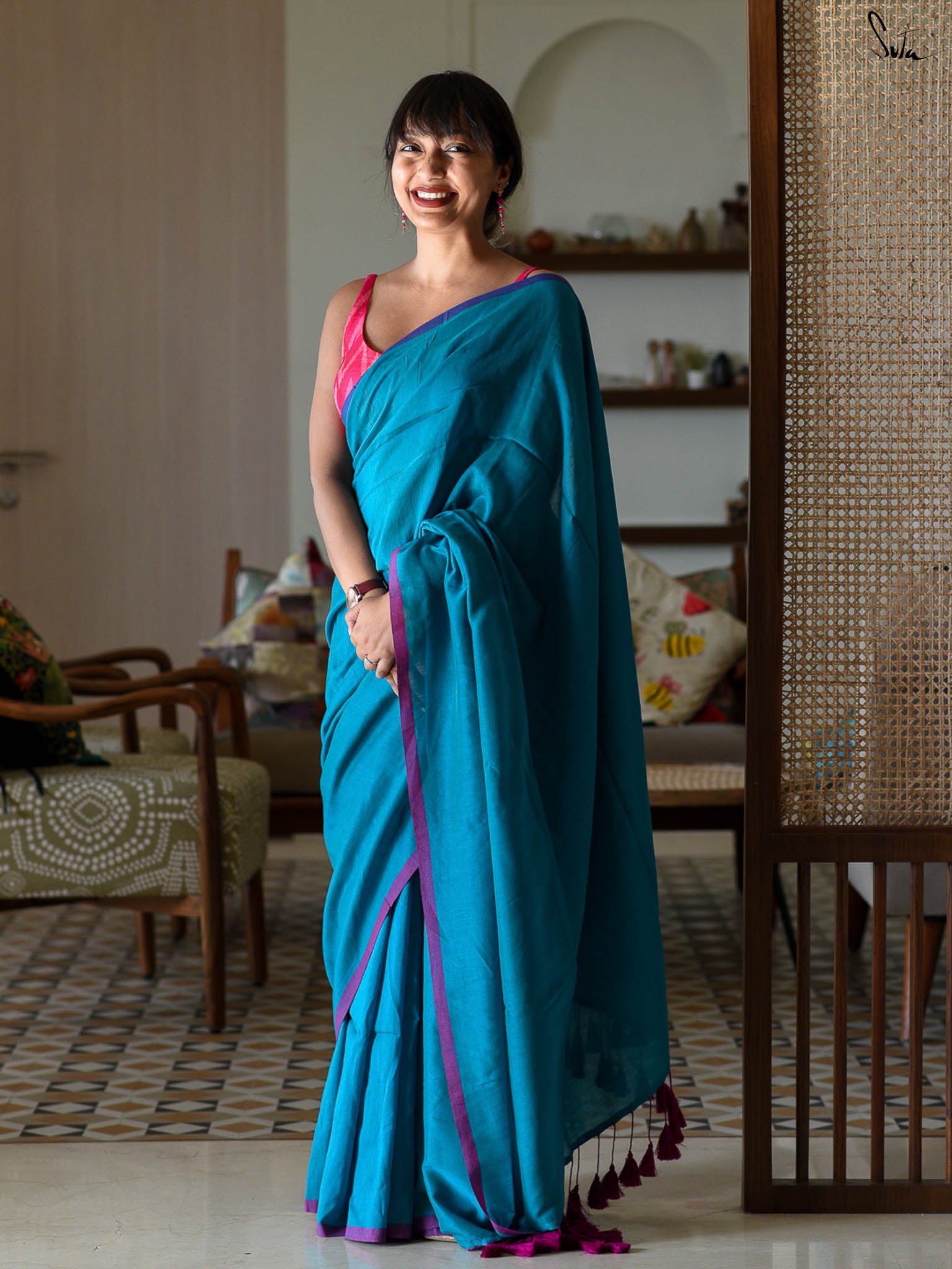 Suta Blue & Pink Saree With Tassels