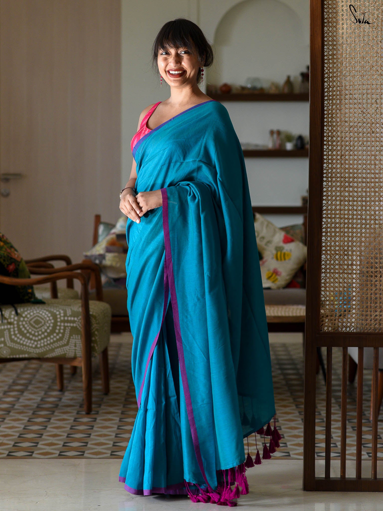 Suta Blue & Pink Saree With Tassels