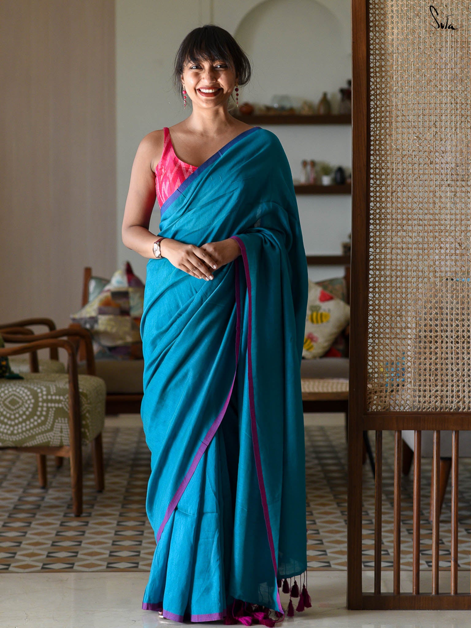 Suta Blue & Pink Saree With Tassels