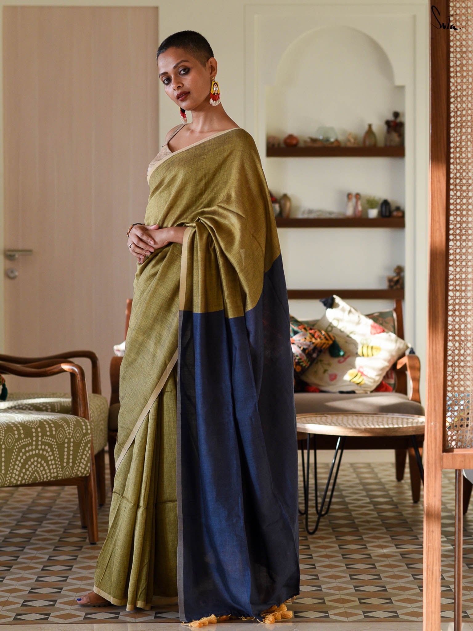 Suta Olive Green & Blue Saree With Tassels