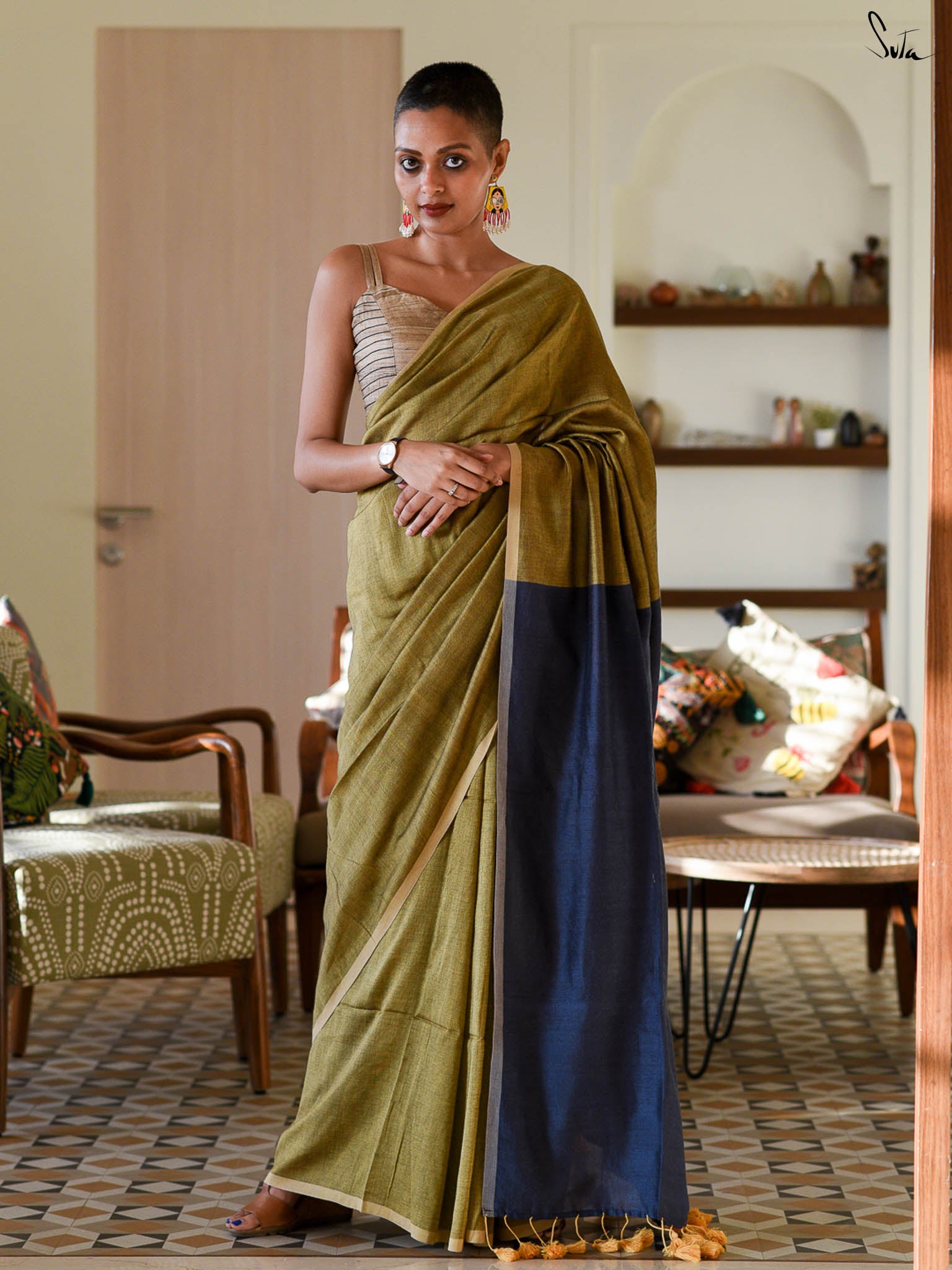 Suta Olive Green & Blue Saree With Tassels