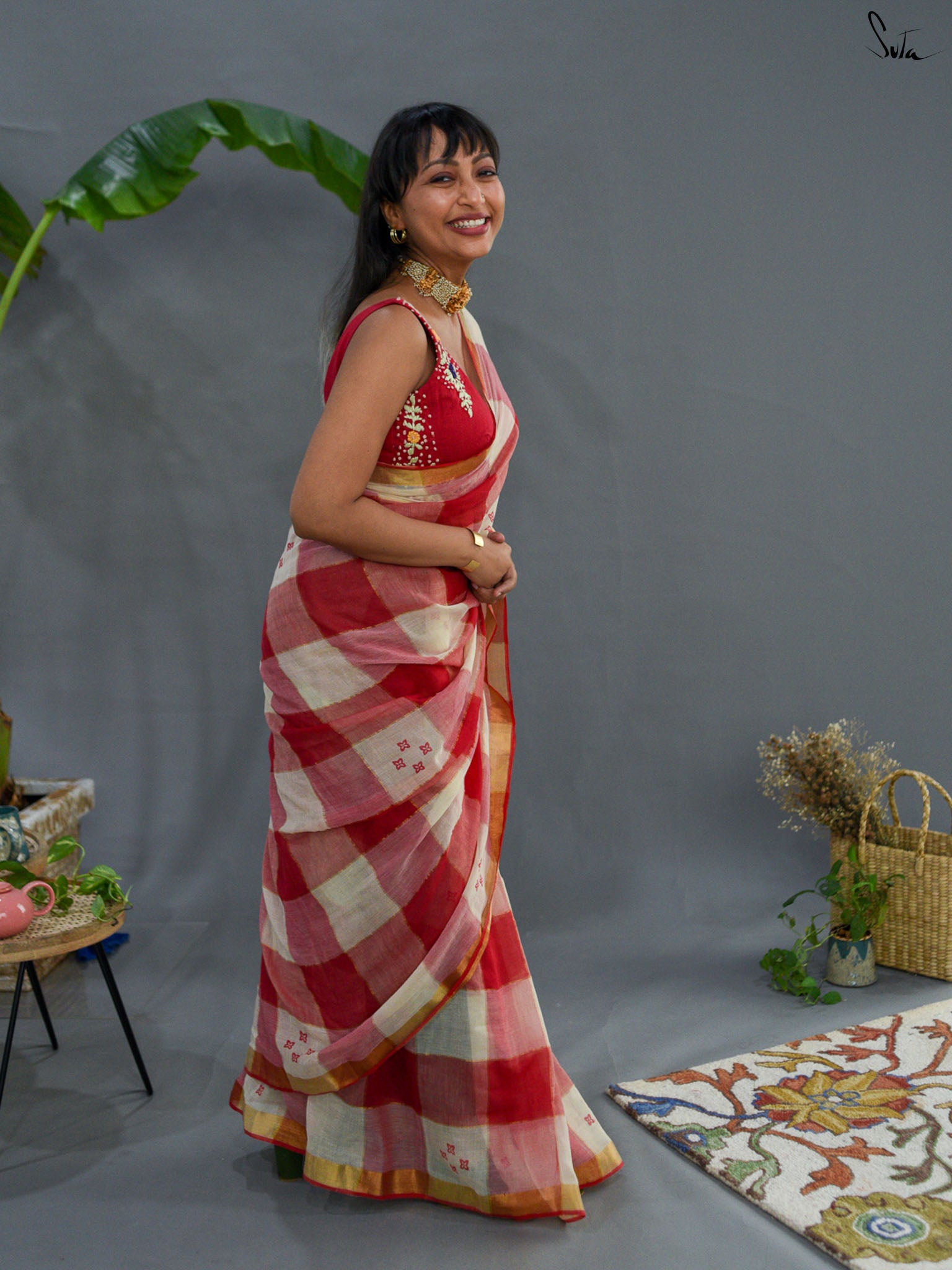 Red Checked Saree
