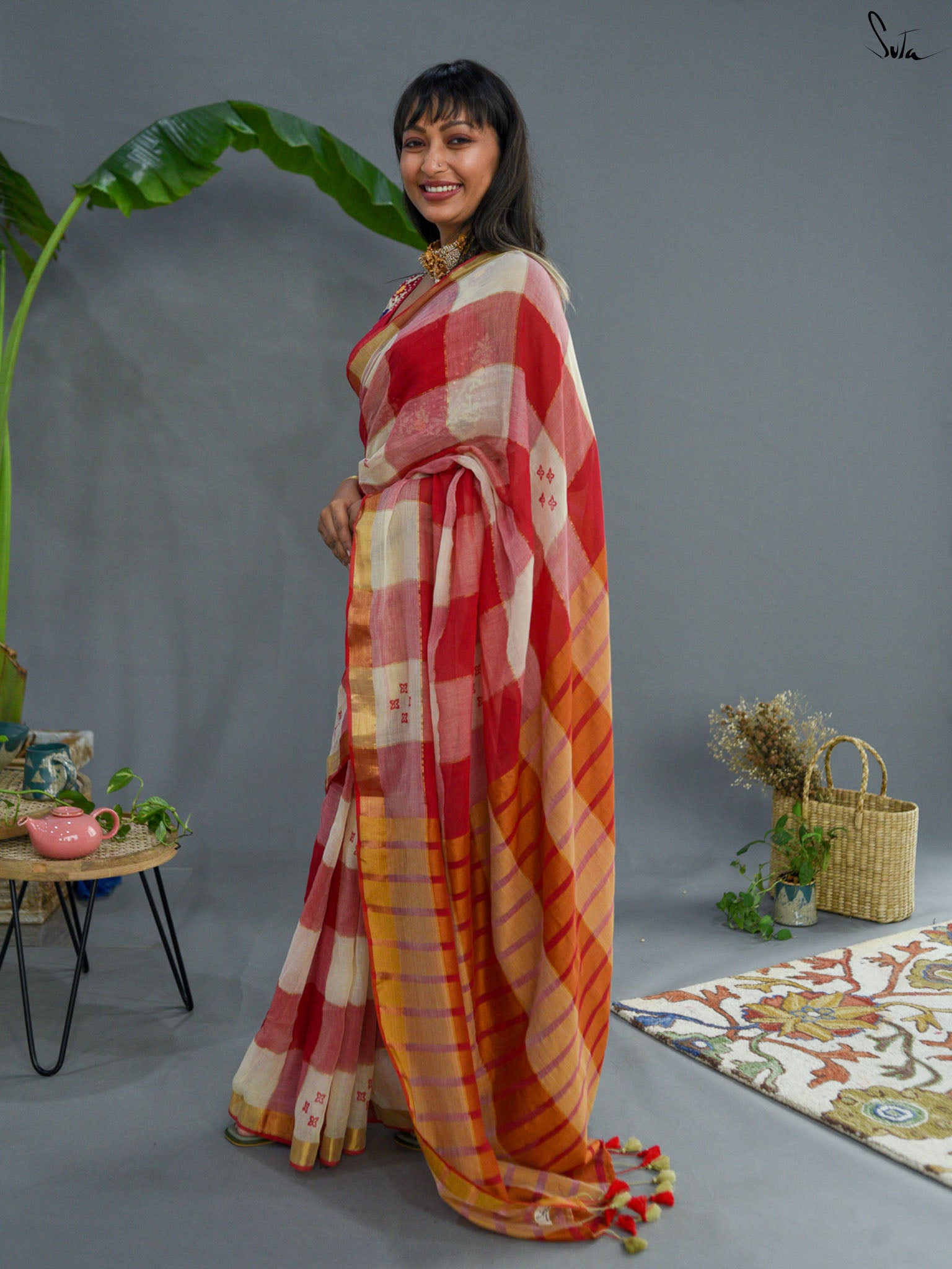 Red Checked Saree