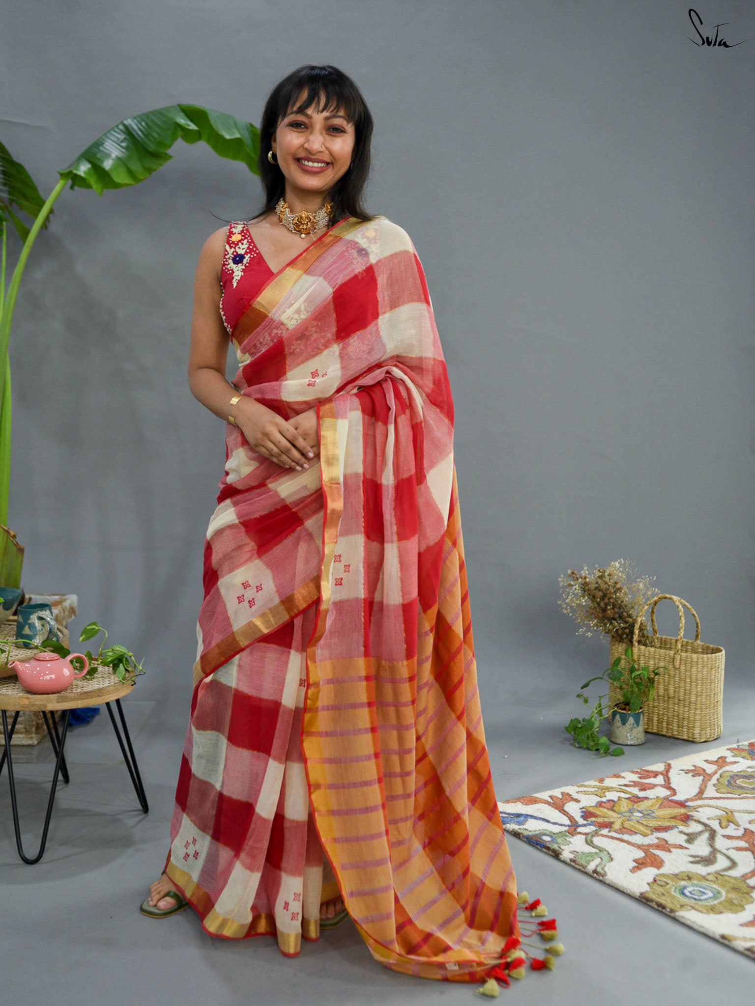 Red Checked Saree