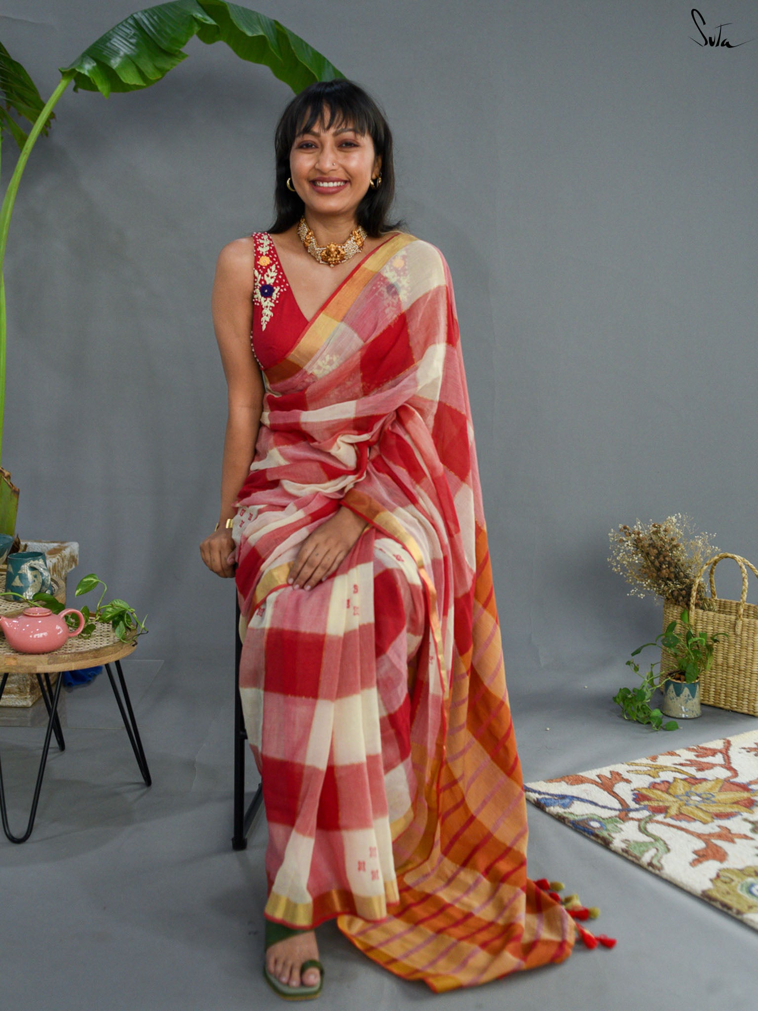 Red Checked Saree