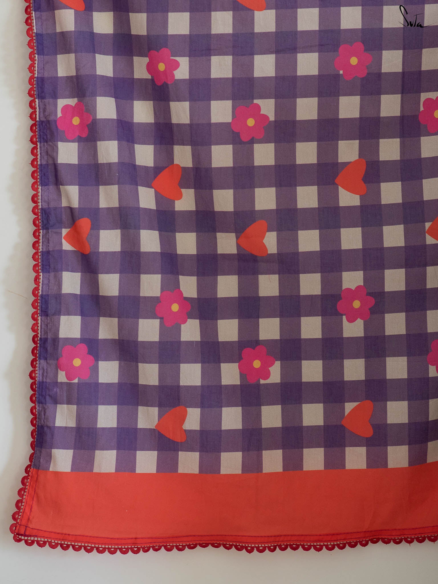 Suta Purple & Red Checked Gotta Patti Pure Cotton Saree