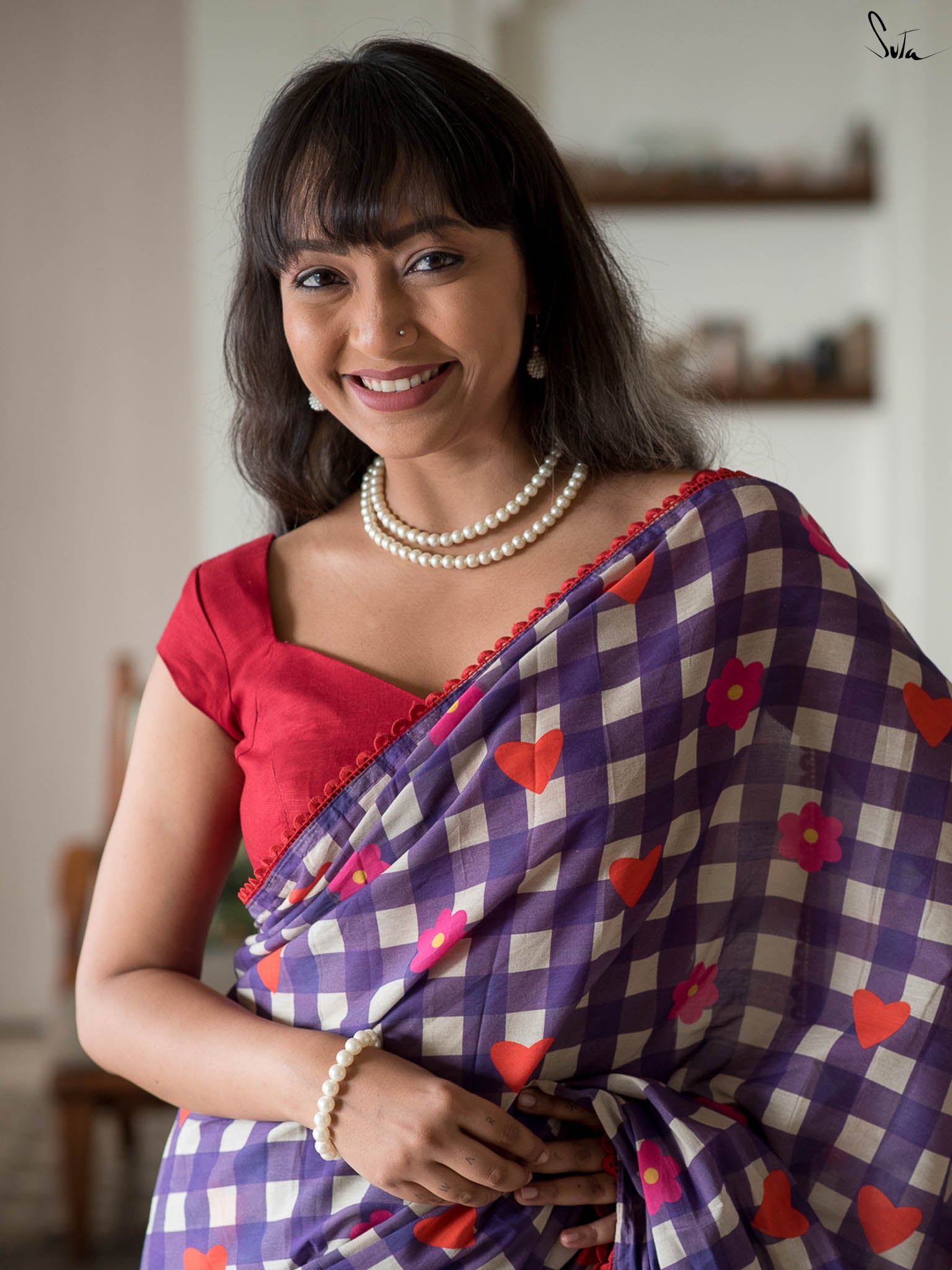 Suta Purple & Red Checked Gotta Patti Pure Cotton Saree