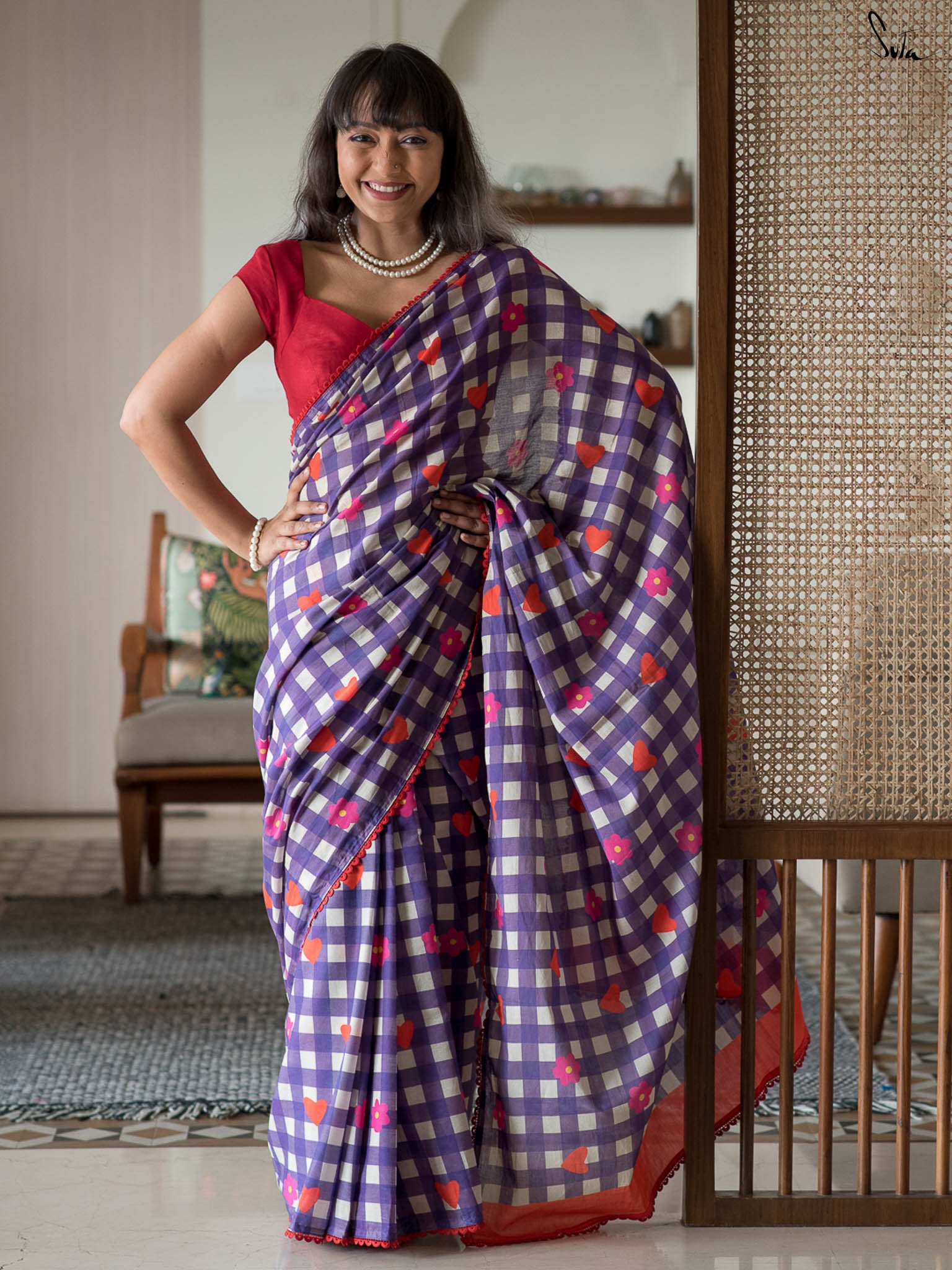 Suta Purple & Red Checked Gotta Patti Pure Cotton Saree