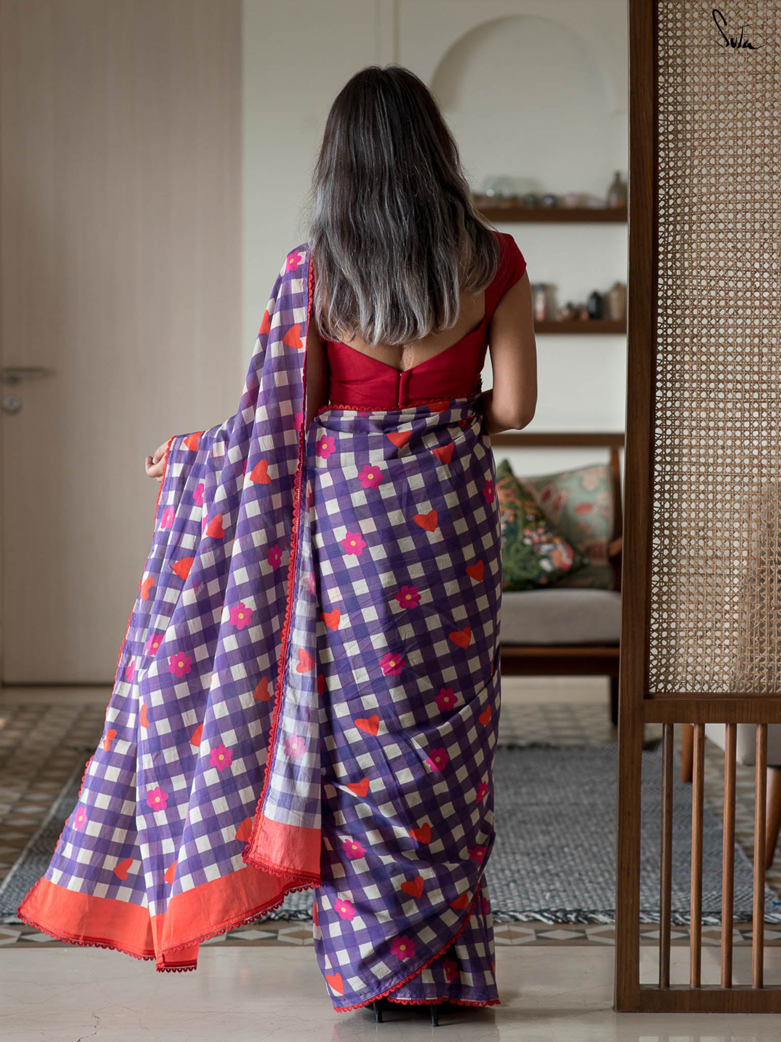 Suta Purple & Red Checked Gotta Patti Pure Cotton Saree