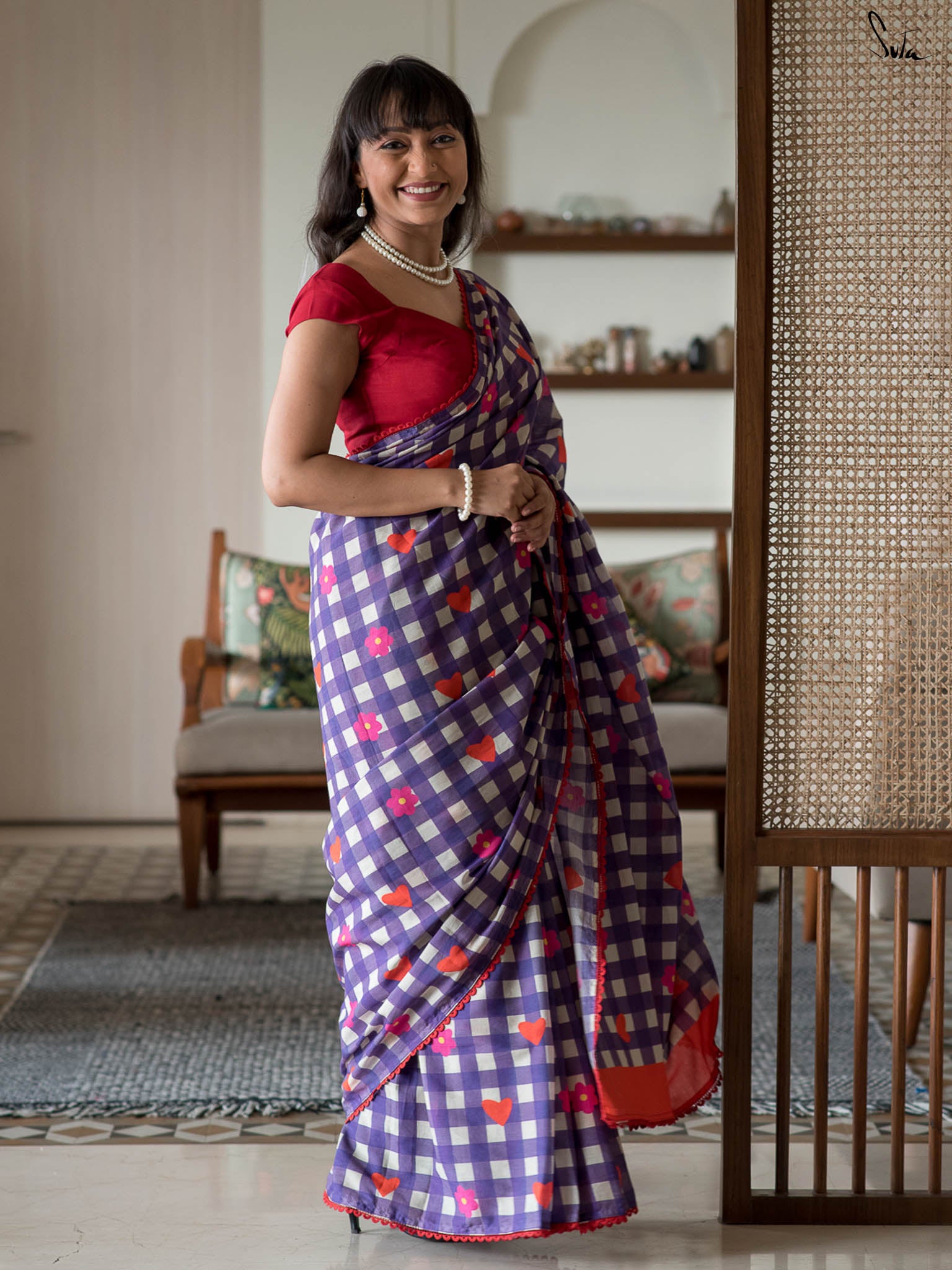 Suta Purple & Red Checked Gotta Patti Pure Cotton Saree