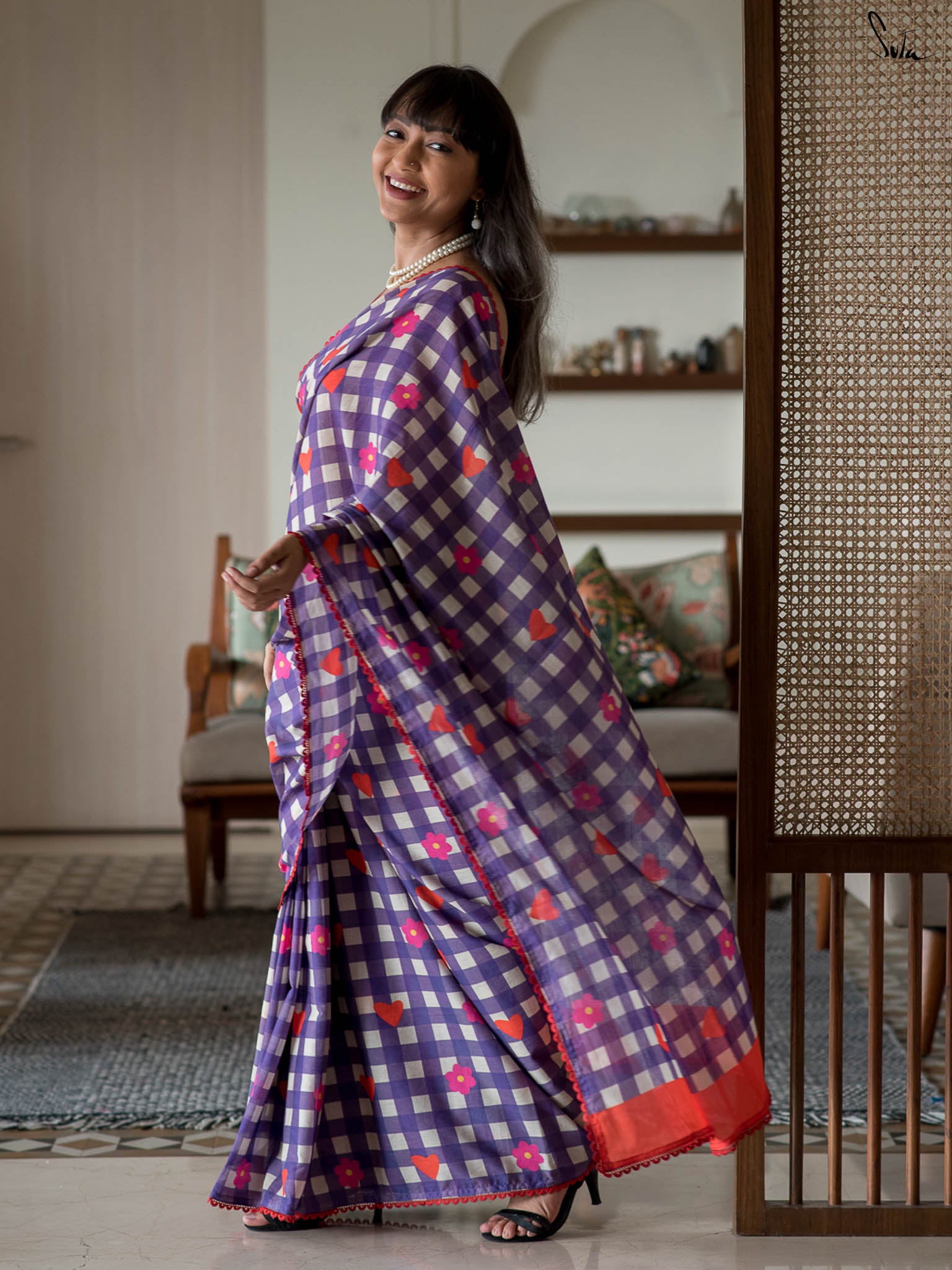 Suta Purple & Red Checked Gotta Patti Pure Cotton Saree