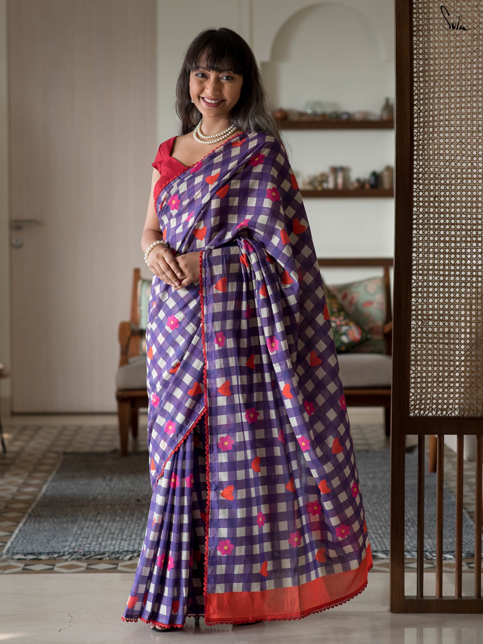Suta Purple & Red Checked Gotta Patti Pure Cotton Saree