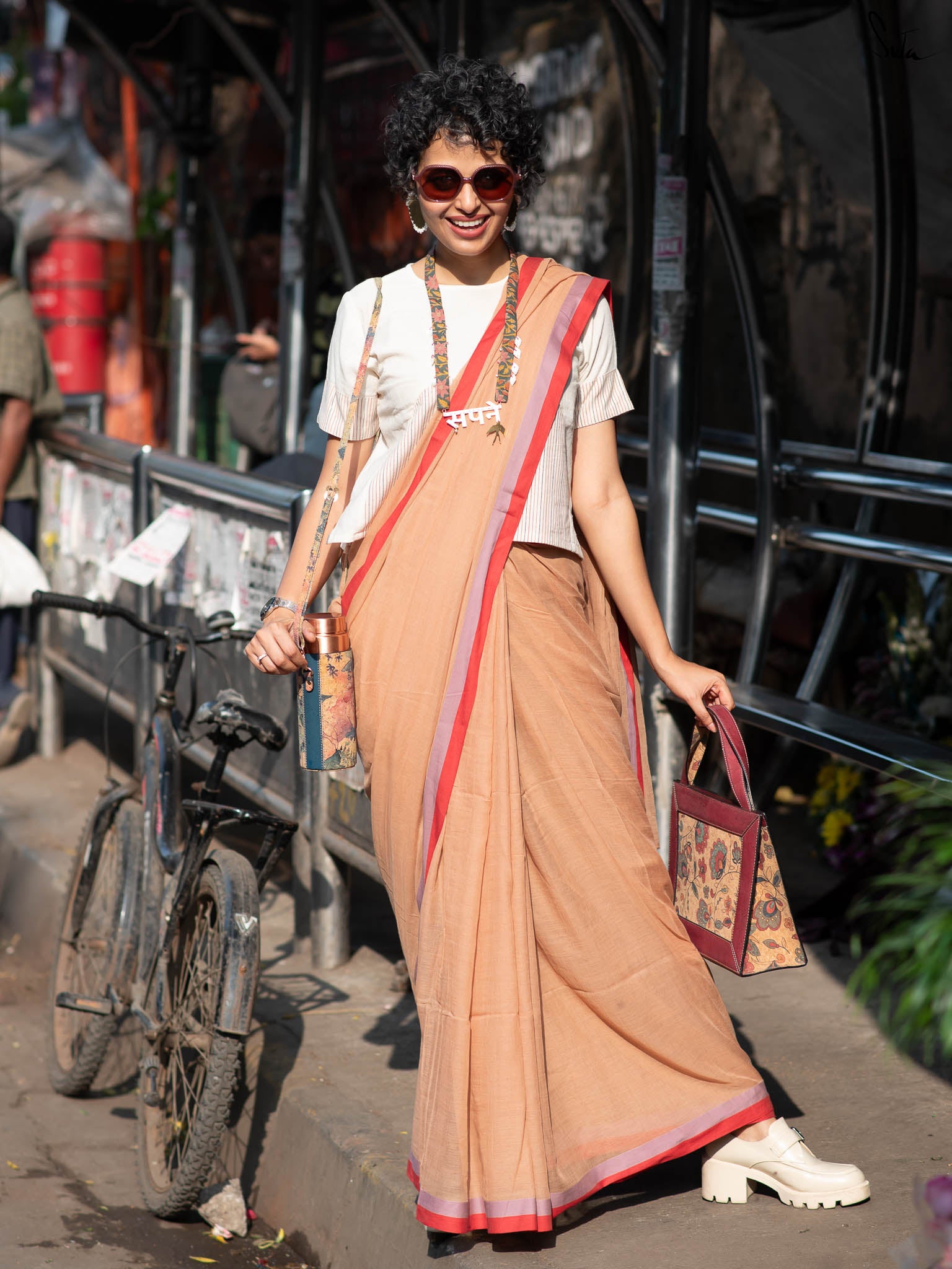 Suta Beige & Pink Pure Cotton Saree