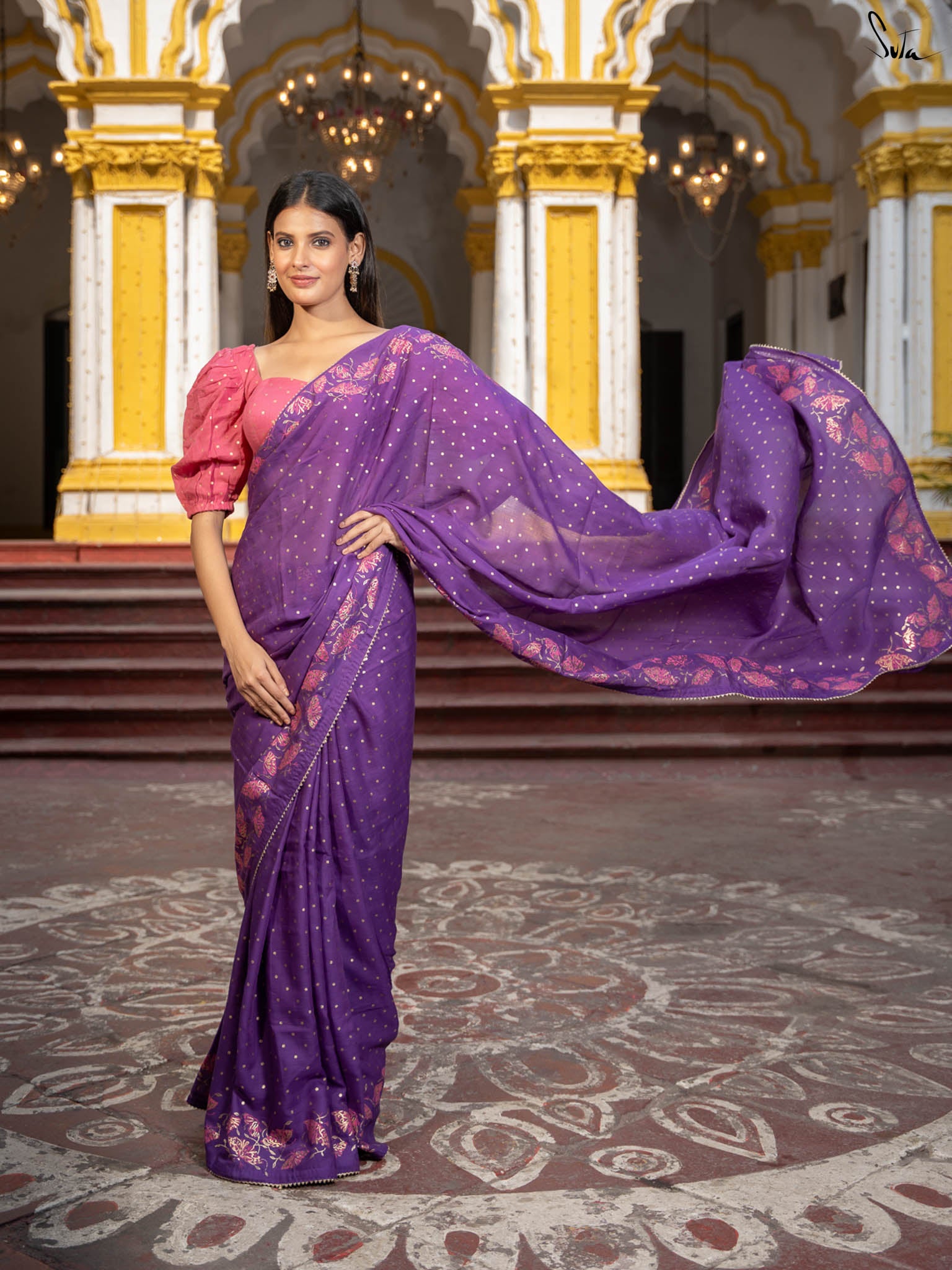 Suta Floral Printed Suta Purple Color Cotton Blend Saree.