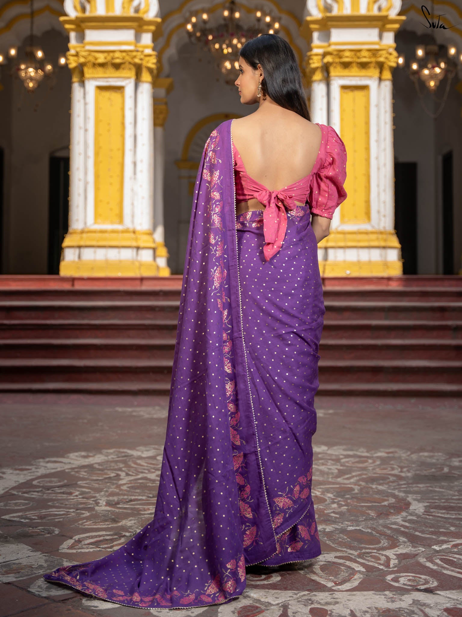 Suta Floral Printed Suta Purple Color Cotton Blend Saree.
