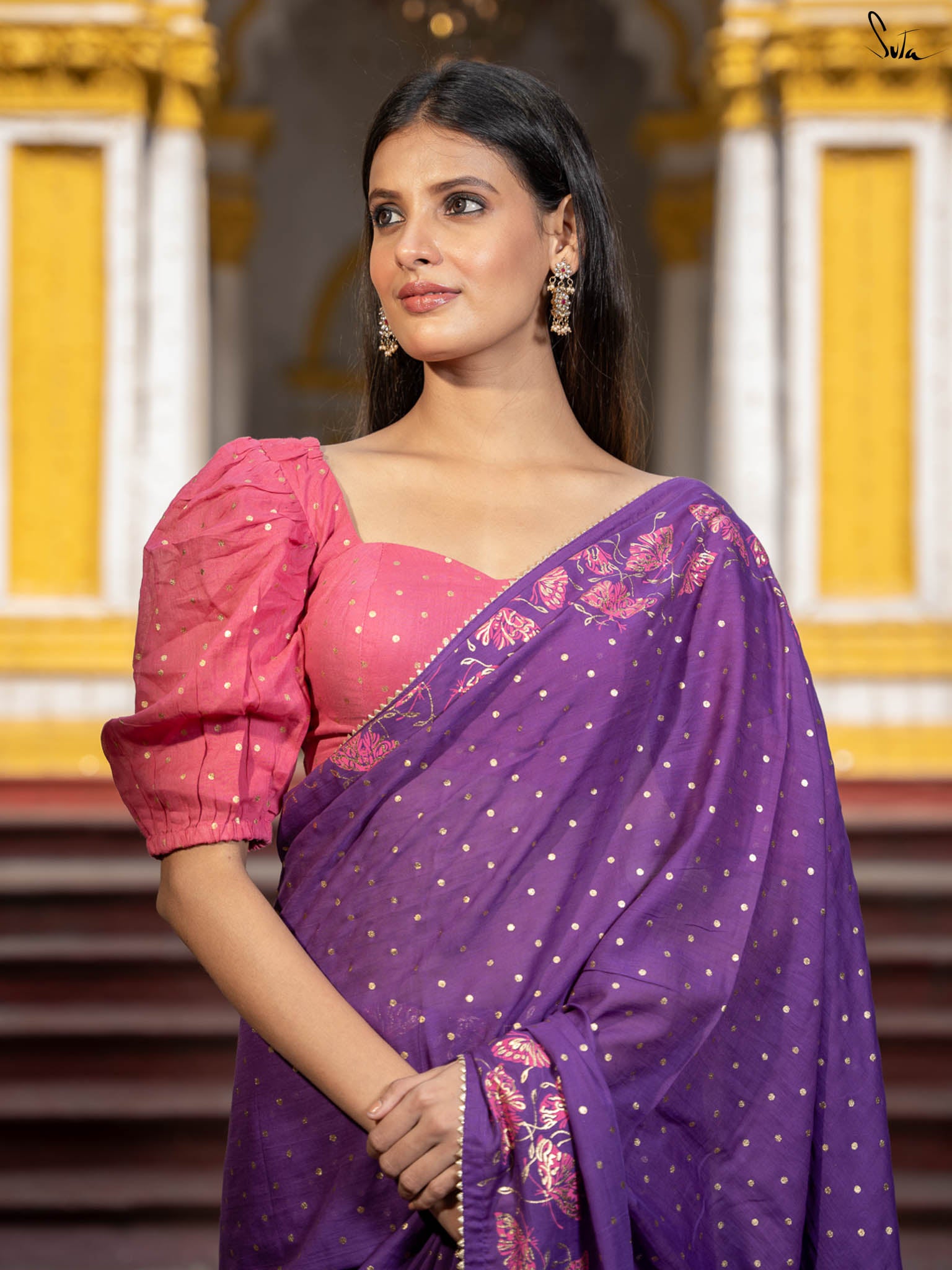 Suta Floral Printed Suta Purple Color Cotton Blend Saree.