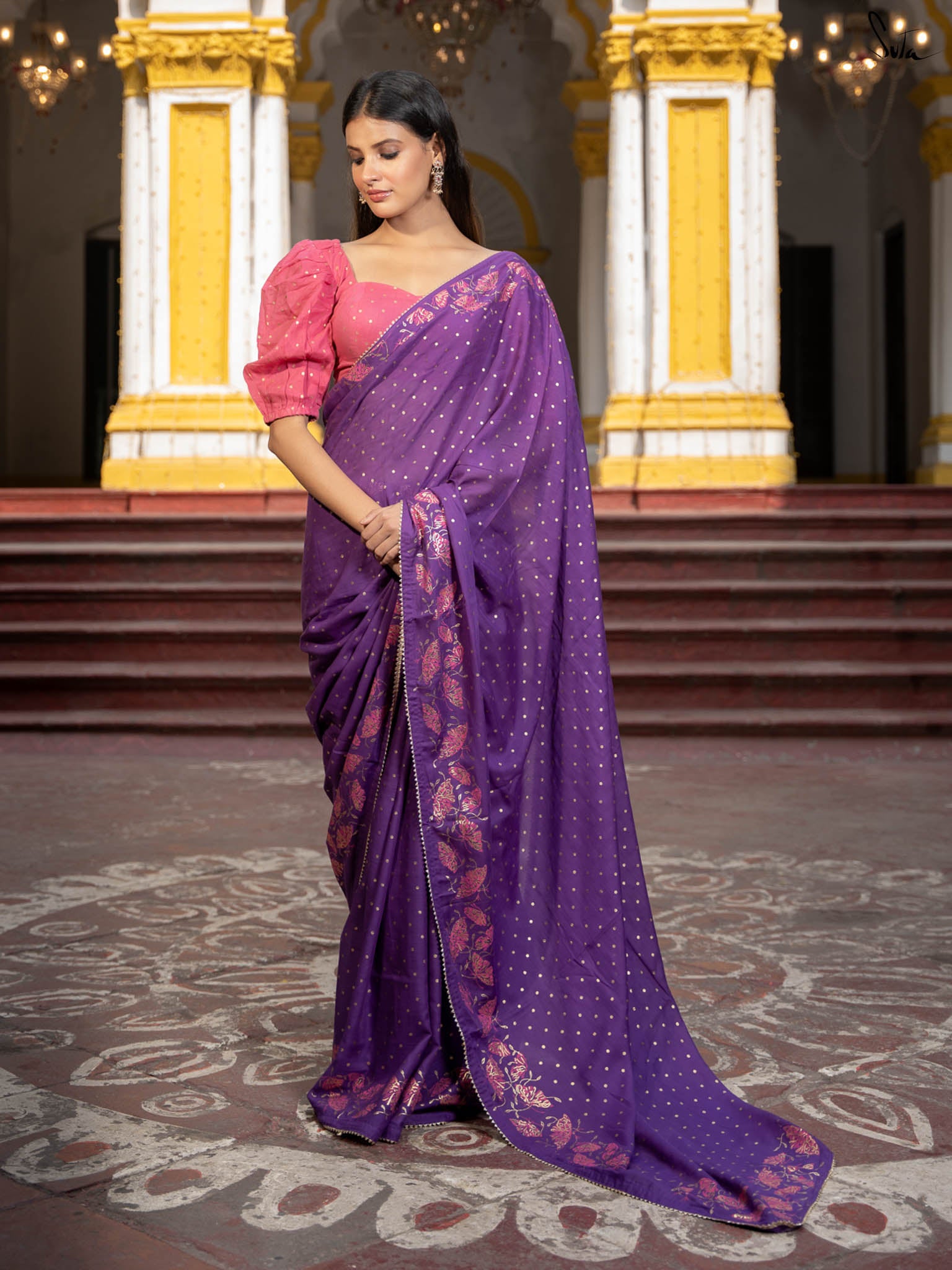 Suta Floral Printed Suta Purple Color Cotton Blend Saree.