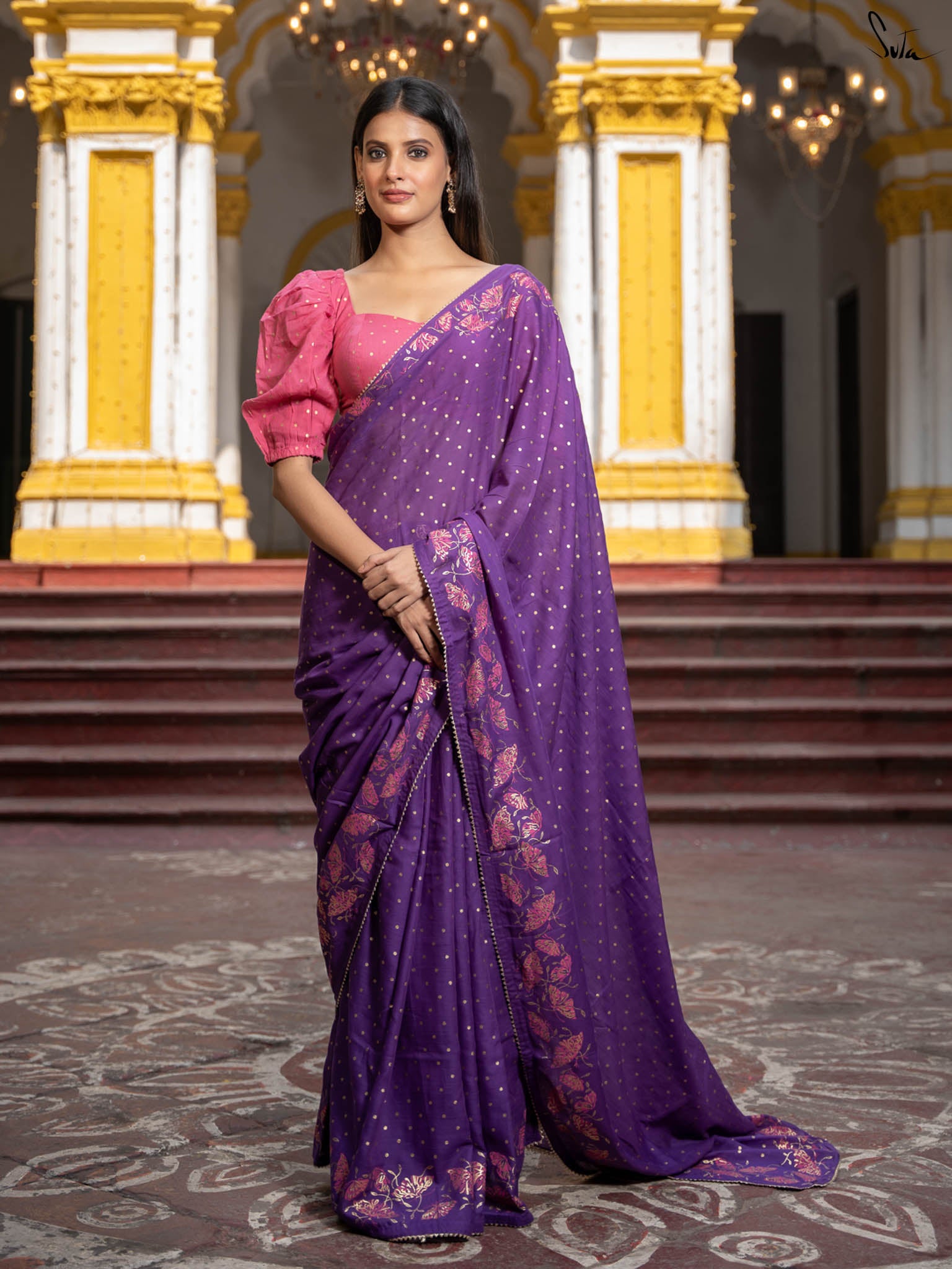 Suta Floral Printed Suta Purple Color Cotton Blend Saree.