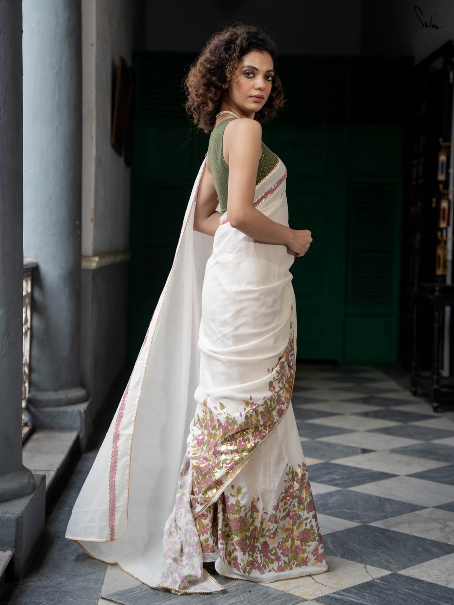 Floral foil printed off white saree