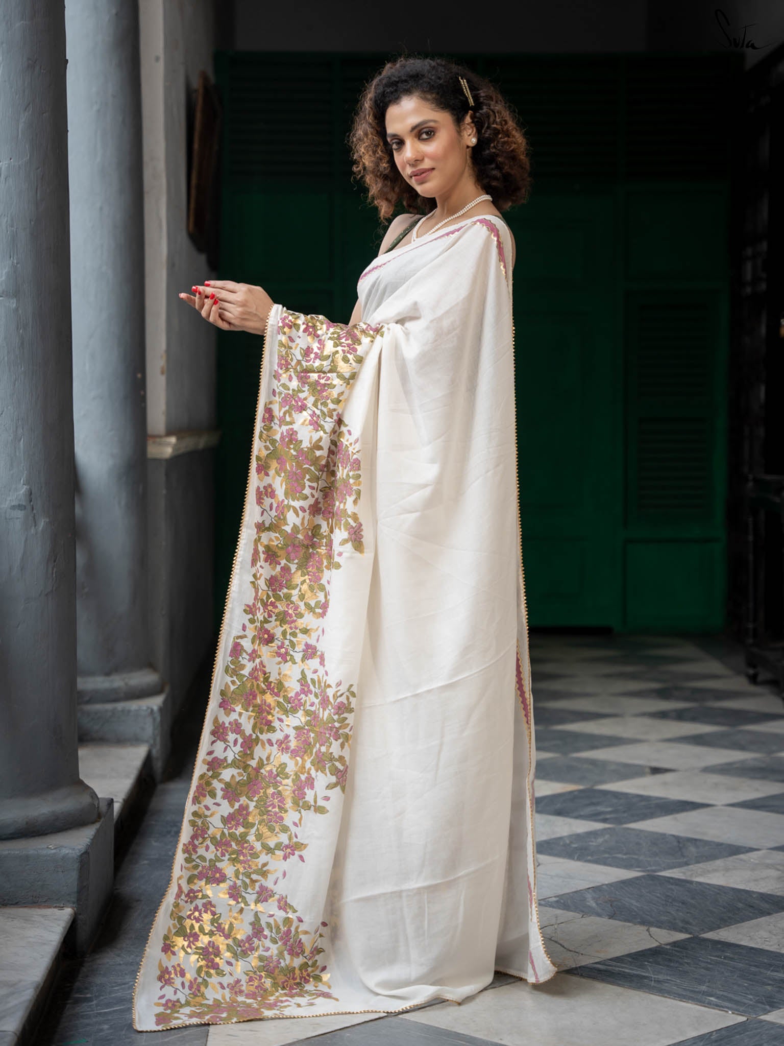 Floral foil printed off white saree