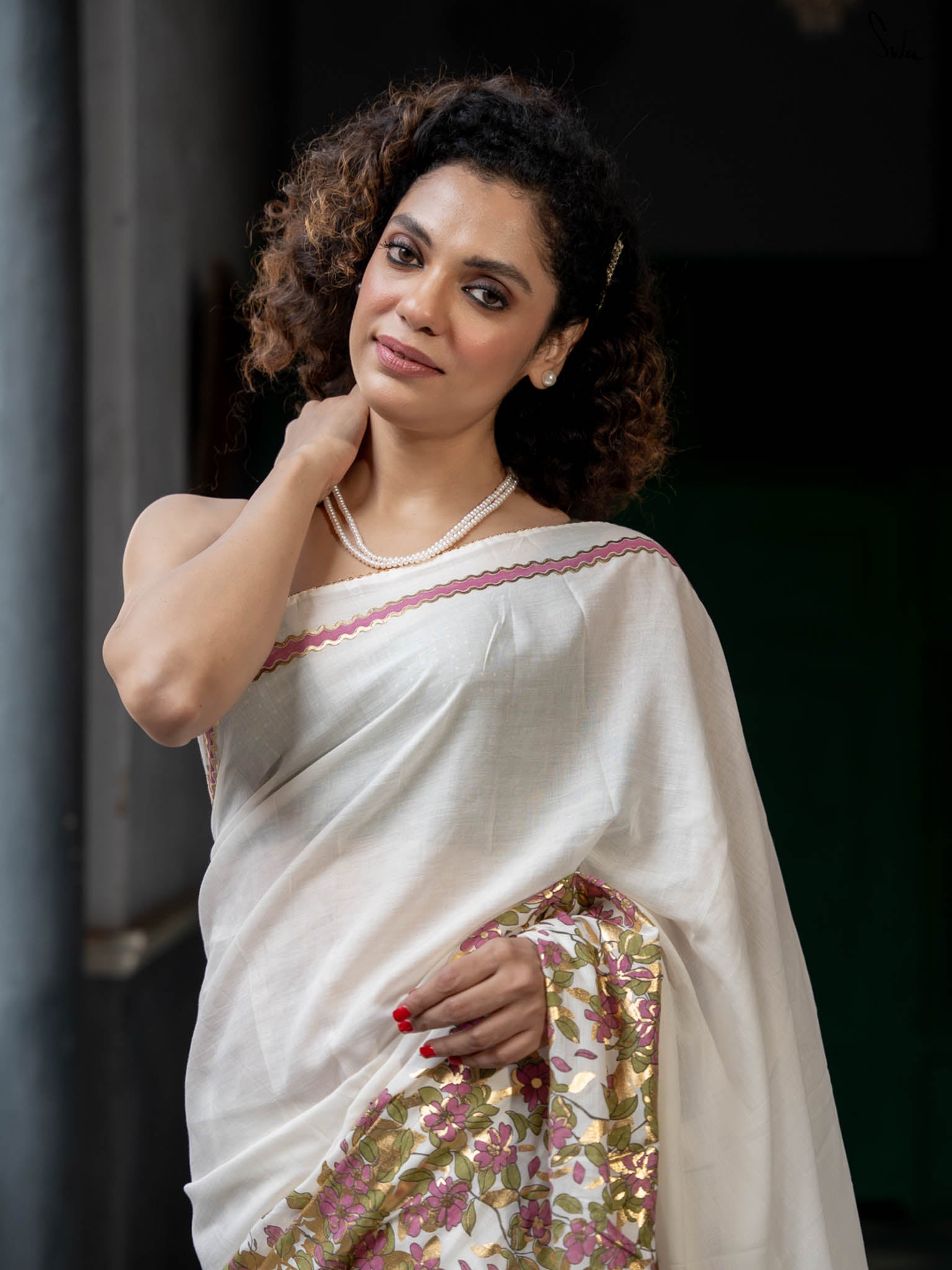 Floral foil printed off white saree