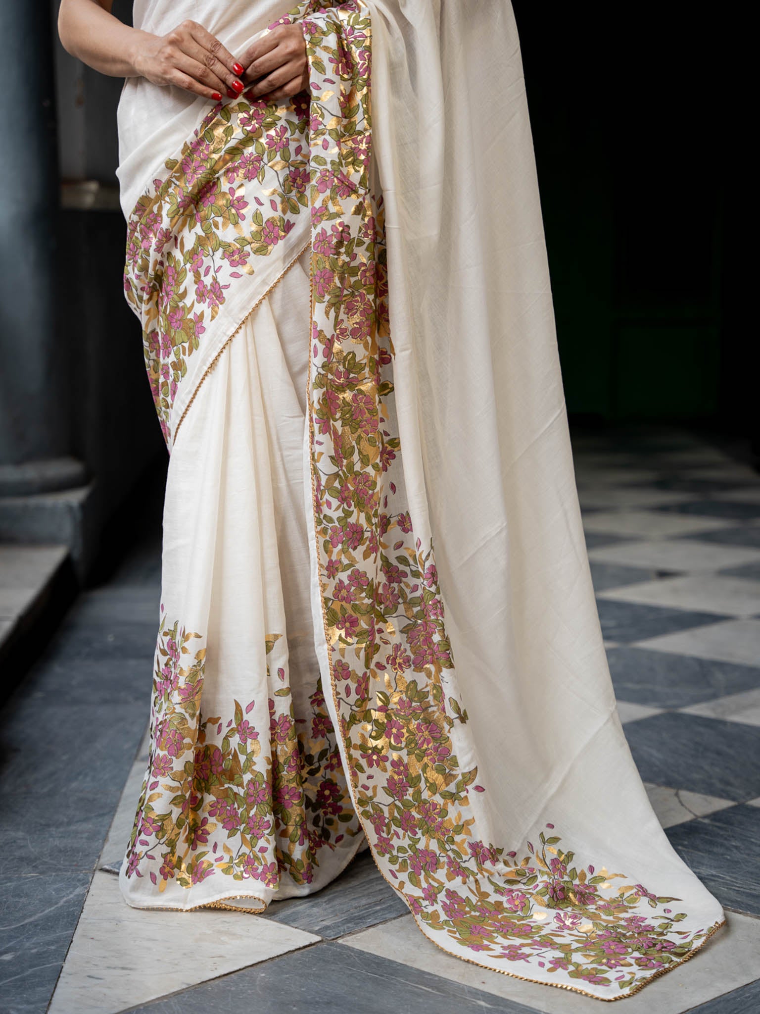 Floral foil printed off white saree