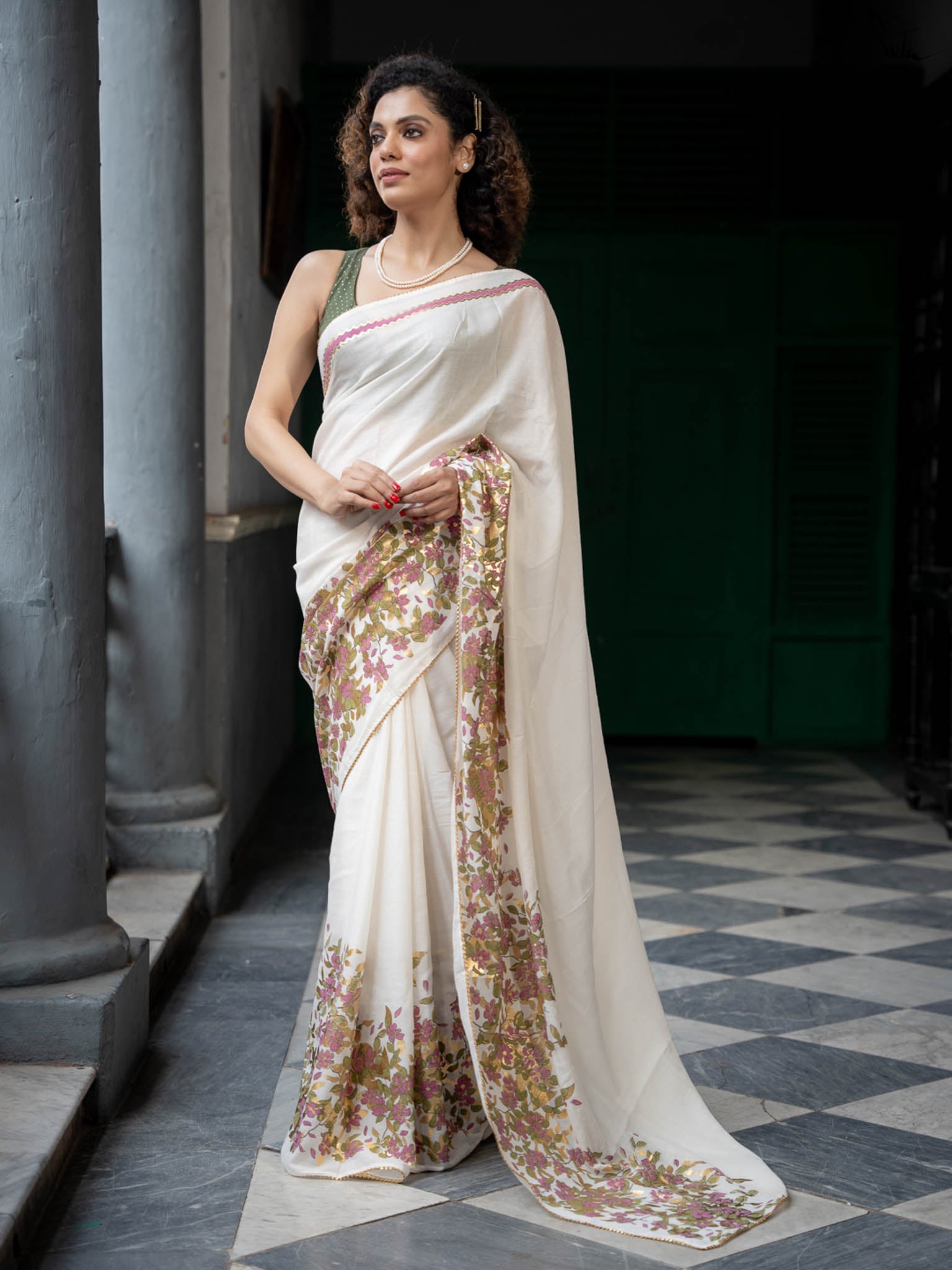 Floral foil printed off white saree