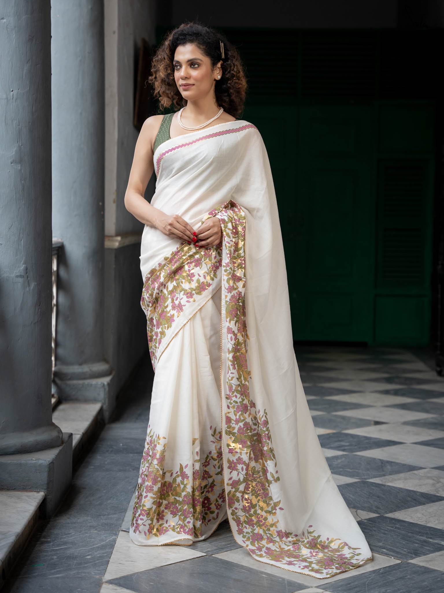 Floral foil printed off white saree